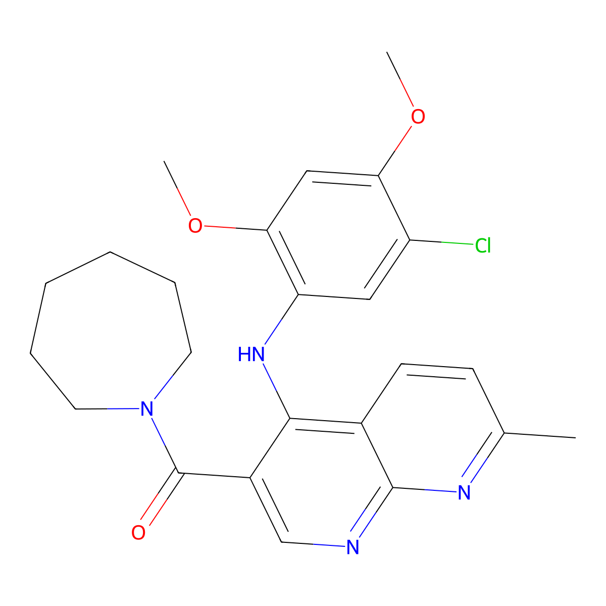 Azepan-1-yl(4-((5-chloro-2,4-dimethoxyphenyl)amino)-7-methyl-1,8-naphthyridin-3-yl)methanone molecular structure, CAS 1251689-90-3