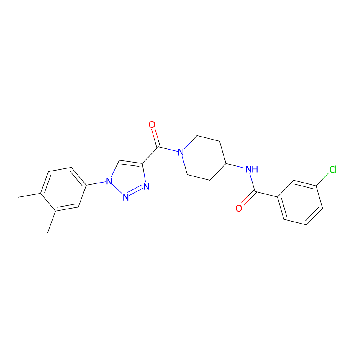 3-chloro-N-(1-(1-(3,4-dimethylphenyl)-1H-1,2,3-triazole-4-carbonyl)piperidin-4-yl)benzamide molecular structure, CAS 1251689-94-7