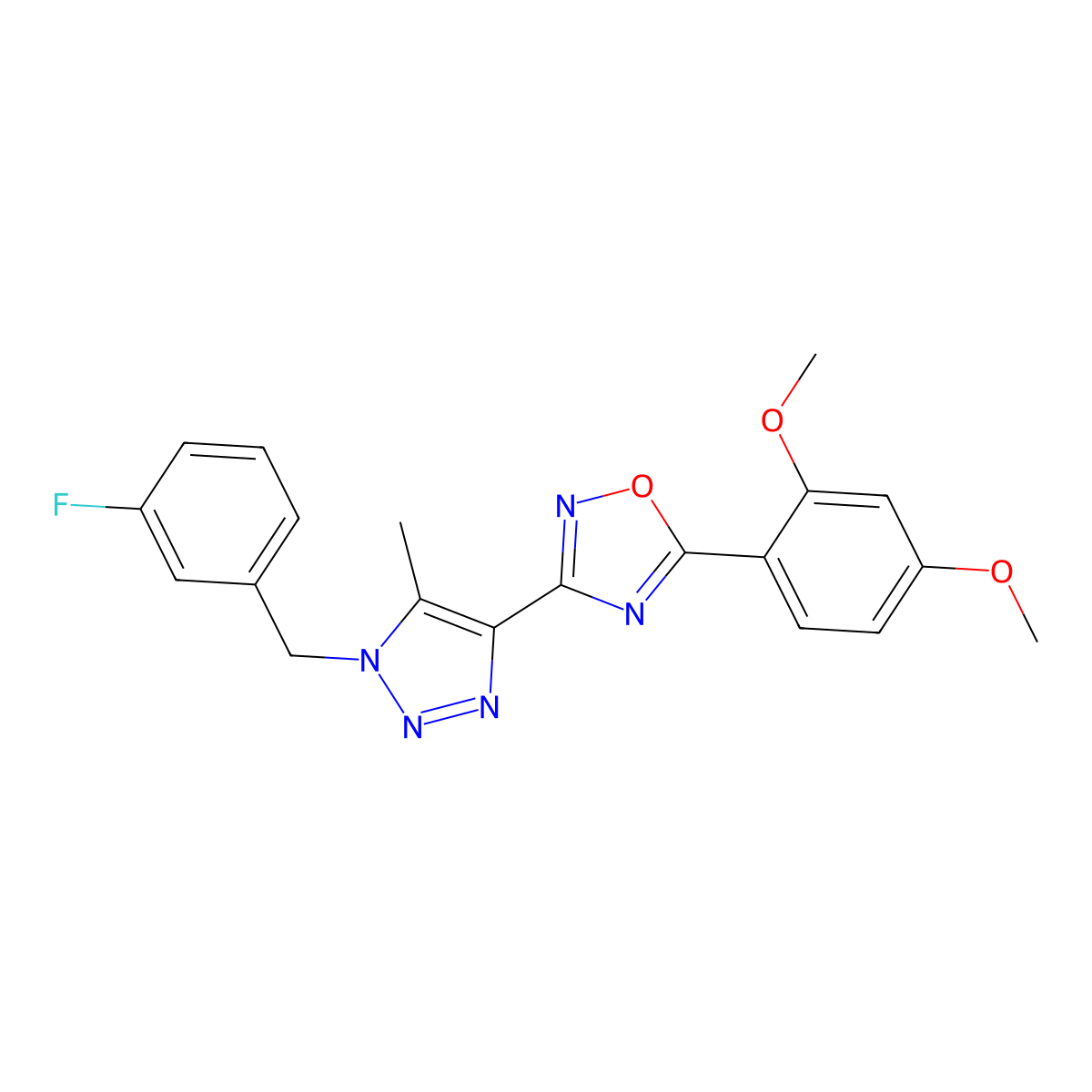 5-(2,4-dimethoxyphenyl)-3-(1-(3-fluorobenzyl)-5-methyl-1H-1,2,3-triazol-4-yl)-1,2,4-oxadiazole molecular structure, CAS 1251689-97-0