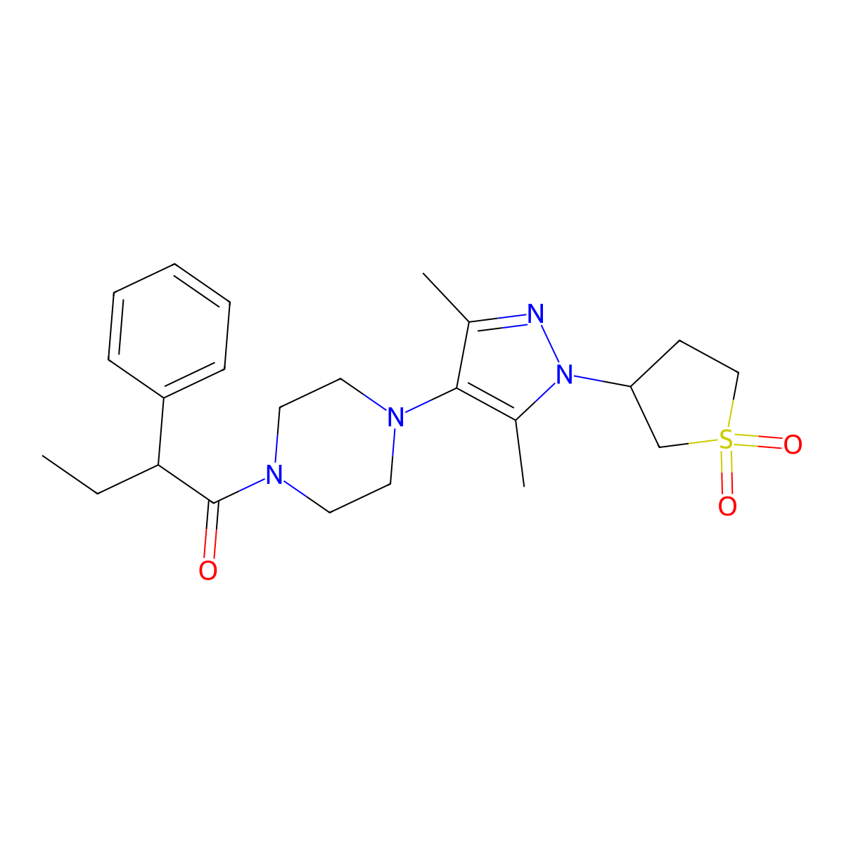 1-(4-(1-(1,1-dioxidotetrahydrothiophen-3-yl)-3,5-dimethyl-1H-pyrazol-4-yl)piperazin-1-yl)-2-phenylbutan-1-one molecular structure, CAS 1251690-09-1