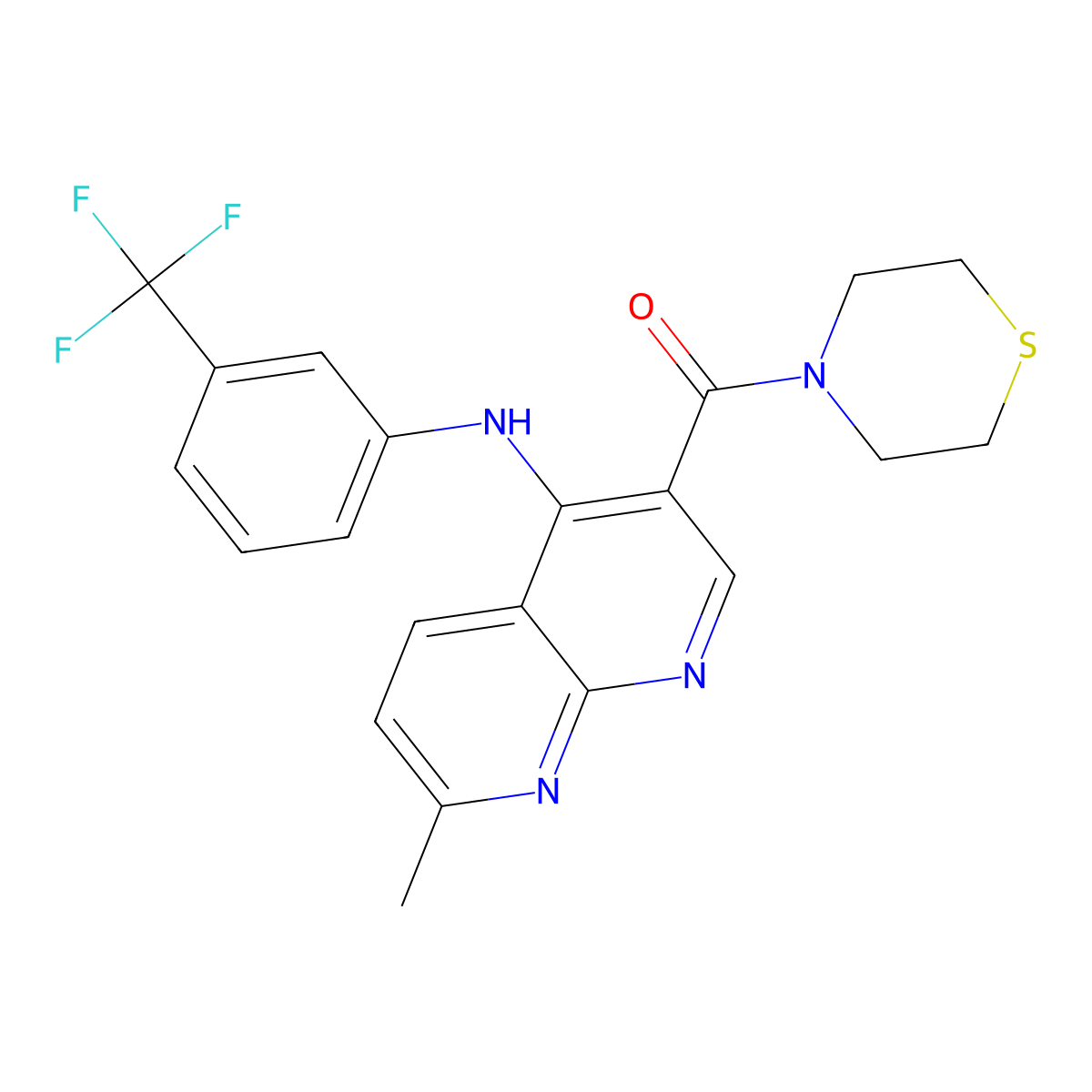 (7-Methyl-4-((3-(trifluoromethyl)phenyl)amino)-1,8-naphthyridin-3-yl)(thiomorpholino)methanone molecular structure, CAS 1251690-14-8