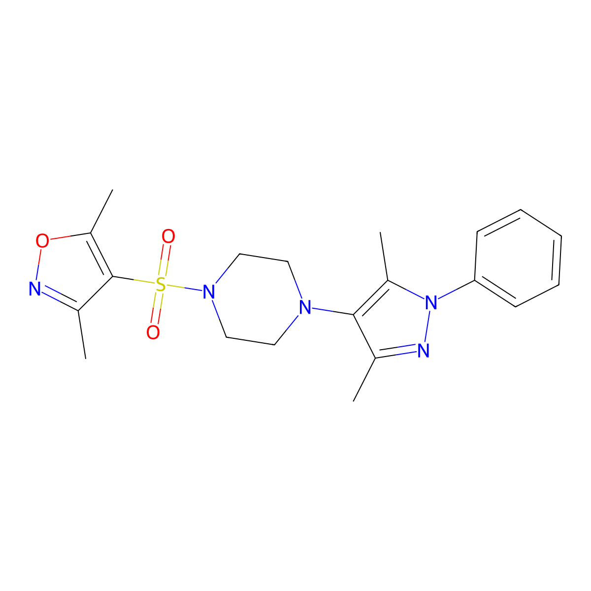 4-((4-(3,5-dimethyl-1-phenyl-1H-pyrazol-4-yl)piperazin-1-yl)sulfonyl)-3,5-dimethylisoxazole molecular structure, CAS 1251690-15-9