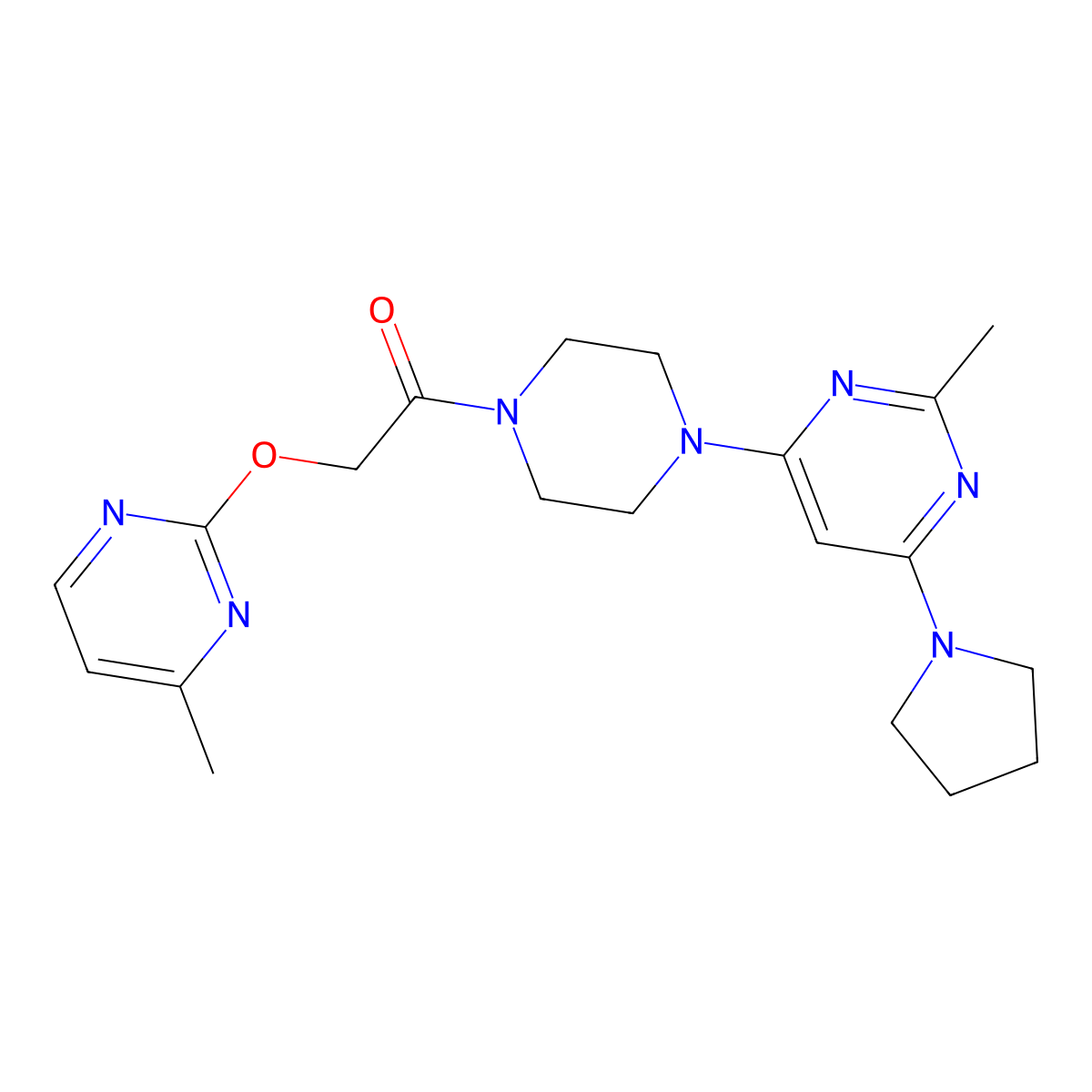1-(4-(2-Methyl-6-(pyrrolidin-1-yl)pyrimidin-4-yl)piperazin-1-yl)-2-((4-methylpyrimidin-2-yl)oxy)ethanone molecular structure, CAS 1251690-42-2
