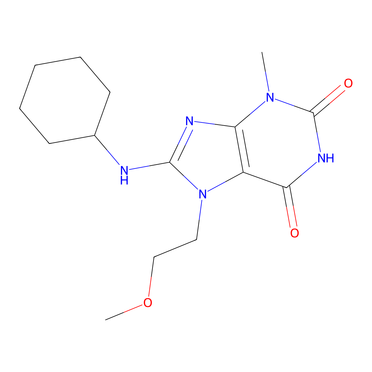 8-(cyclohexylamino)-7-(2-methoxyethyl)-3-methyl-1H-purine-2,6(3H,7H)-dione molecular structure, CAS 1251690-49-9