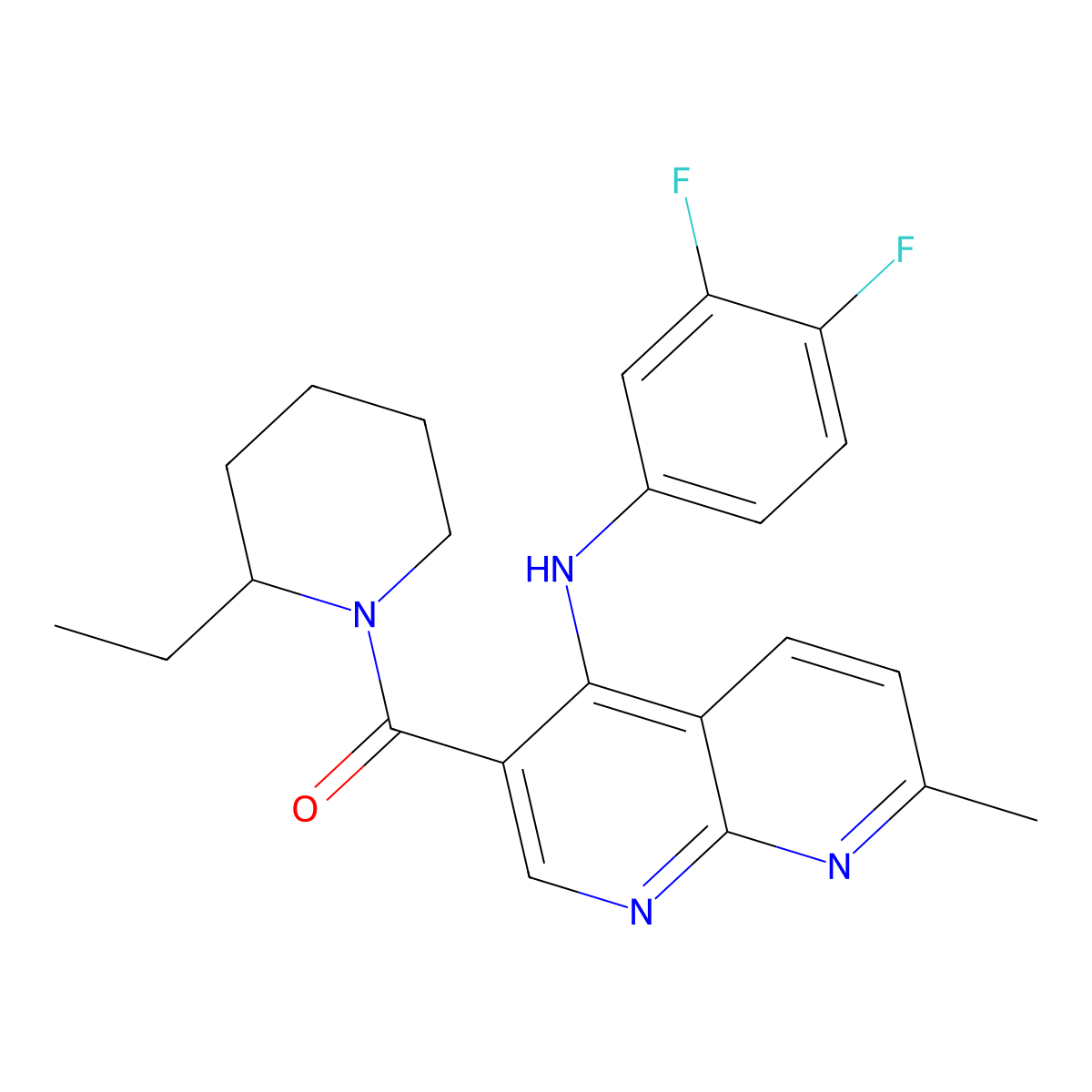 (4-((3,4-Difluorophenyl)amino)-7-methyl-1,8-naphthyridin-3-yl)(2-ethylpiperidin-1-yl)methanone molecular structure, CAS 1251690-50-2