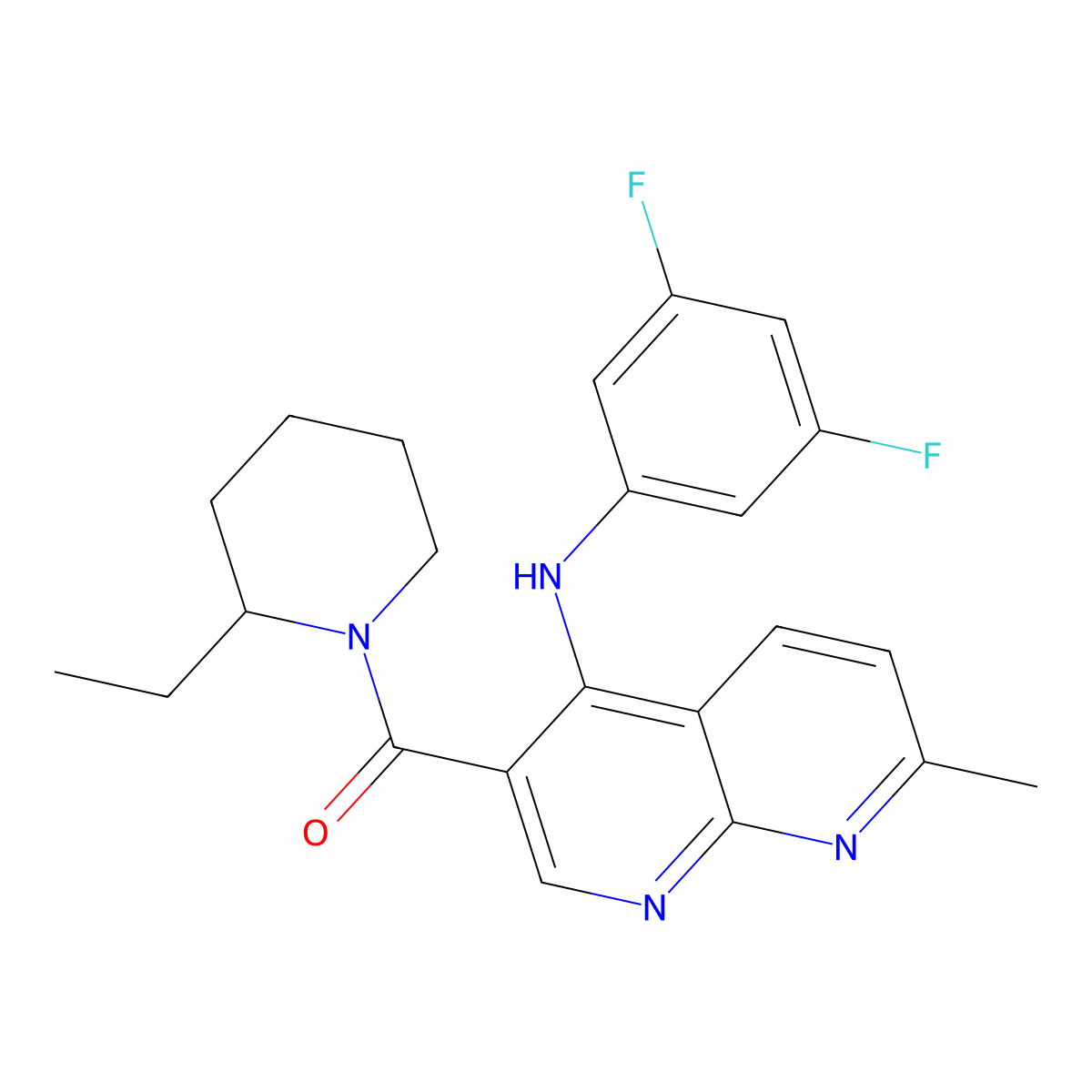 (4-((3,5-Difluorophenyl)amino)-7-methyl-1,8-naphthyridin-3-yl)(2-ethylpiperidin-1-yl)methanone molecular structure, CAS 1251690-58-0
