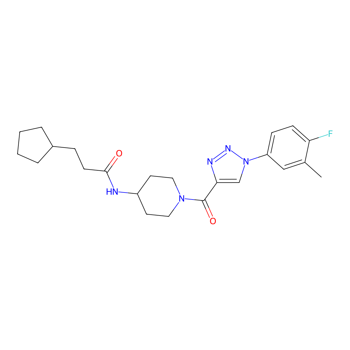 3-cyclopentyl-N-{1-[1-(4-fluoro-3-methylphenyl)-1H-1,2,3-triazole-4-carbonyl]piperidin-4-yl}propanamide molecular structure, CAS 1251690-65-9