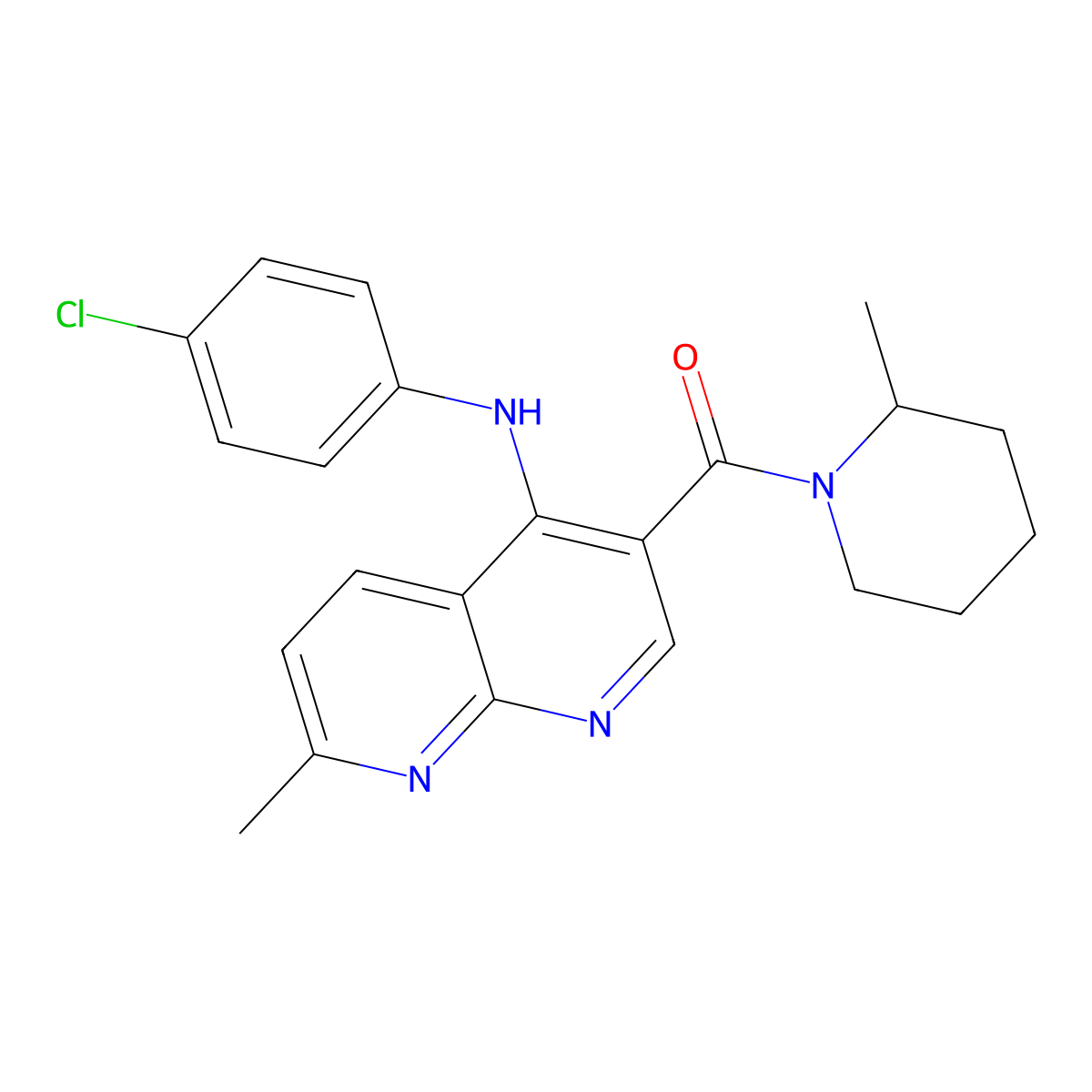 (4-((4-Chlorophenyl)amino)-7-methyl-1,8-naphthyridin-3-yl)(2-methylpiperidin-1-yl)methanone molecular structure, CAS 1251690-67-1