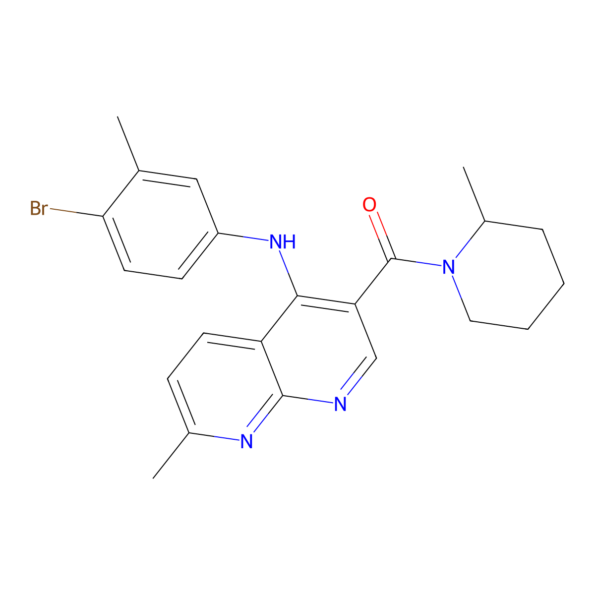 (4-((4-Bromo-3-methylphenyl)amino)-7-methyl-1,8-naphthyridin-3-yl)(2-methylpiperidin-1-yl)methanone molecular structure, CAS 1251690-70-6