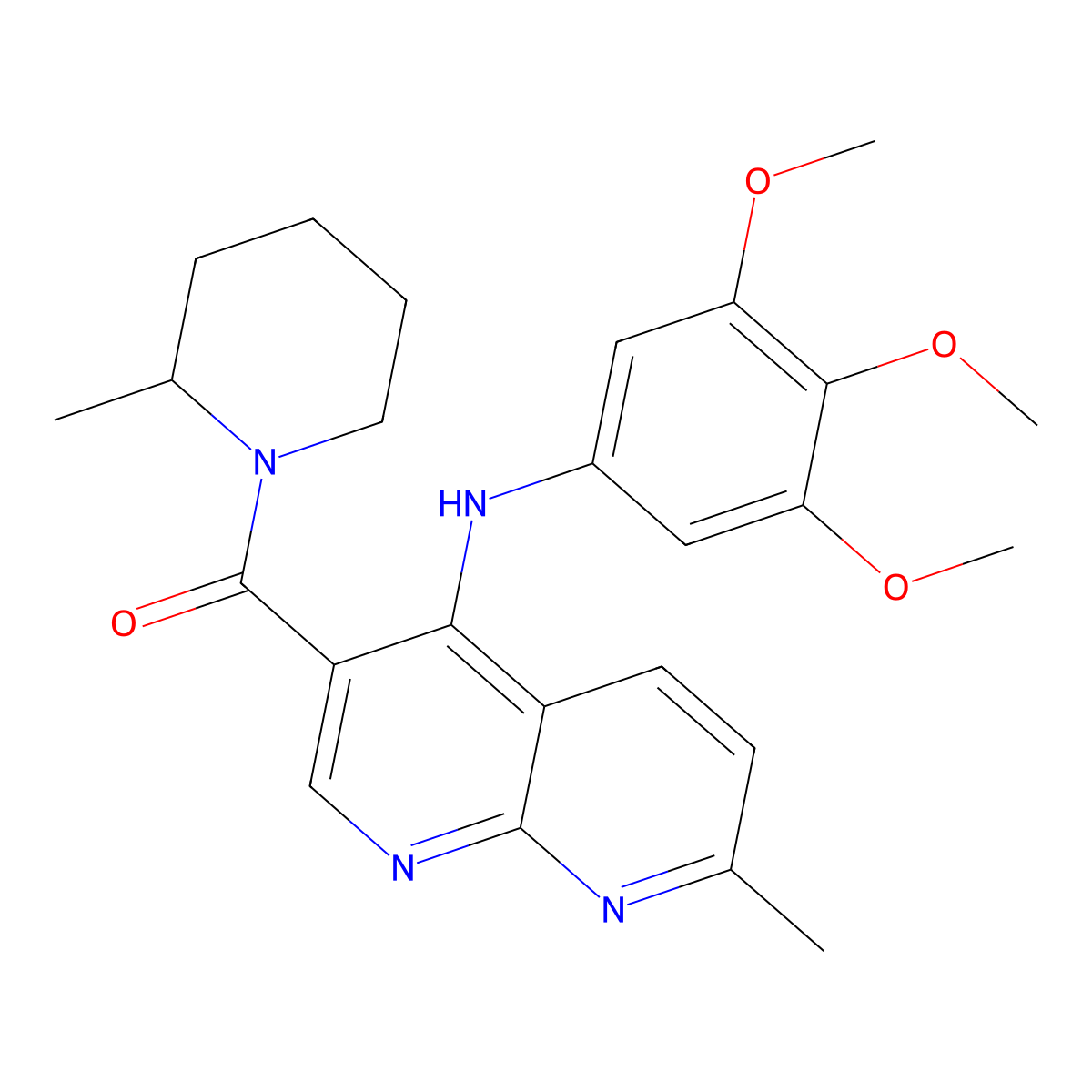 (7-Methyl-4-((3,4,5-trimethoxyphenyl)amino)-1,8-naphthyridin-3-yl)(2-methylpiperidin-1-yl)methanone molecular structure, CAS 1251690-80-8