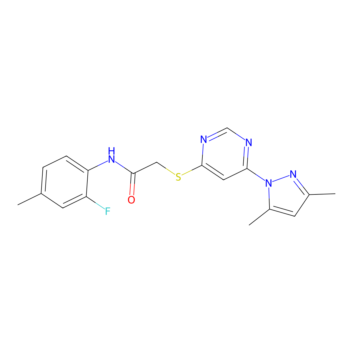 2-((6-(3,5-dimethyl-1H-pyrazol-1-yl)pyrimidin-4-yl)thio)-N-(2-fluoro-4-methylphenyl)acetamide molecular structure, CAS 1251690-93-3