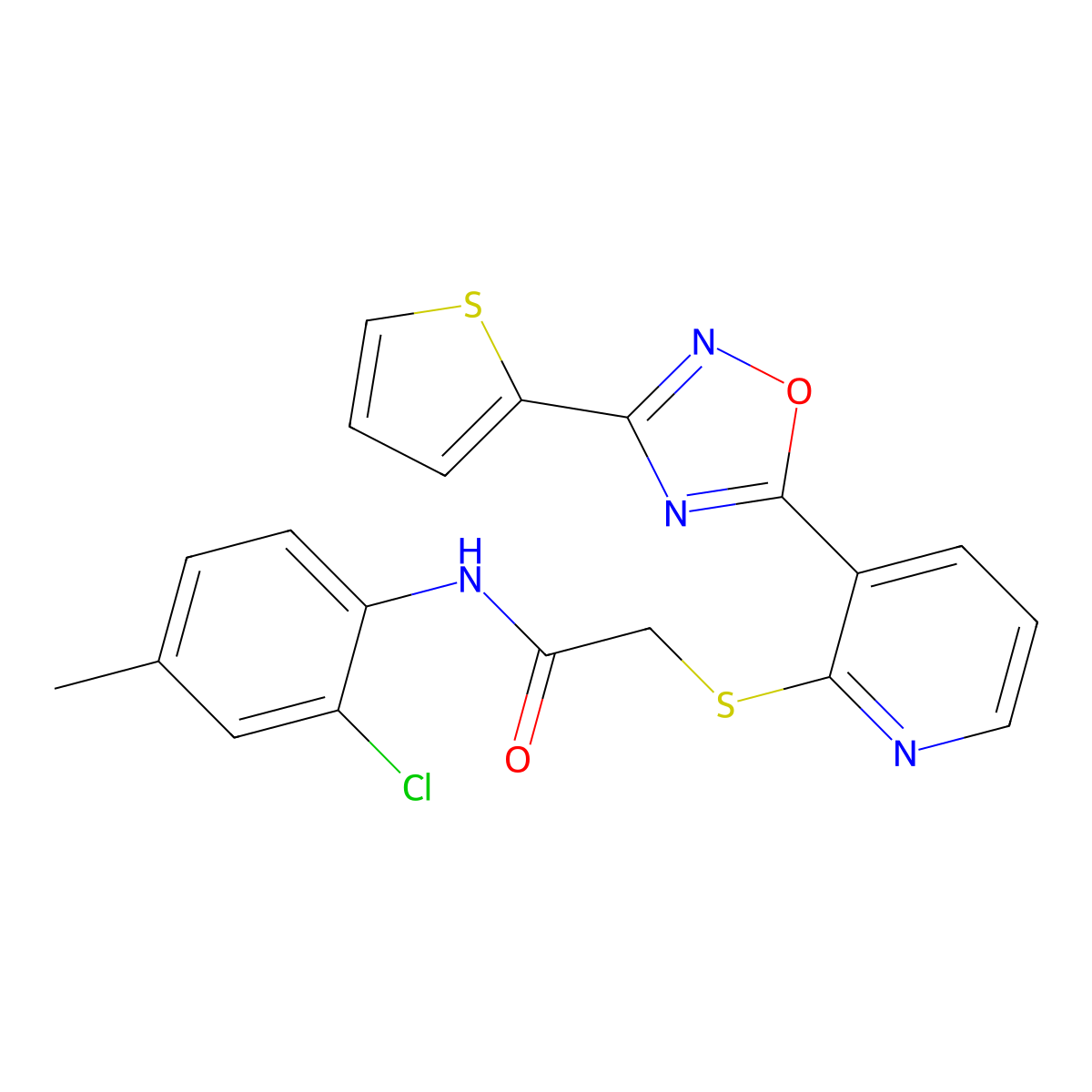 N-(2-chloro-4-methylphenyl)-2-((3-(3-(thiophen-2-yl)-1,2,4-oxadiazol-5-yl)pyridin-2-yl)thio)acetamide molecular structure, CAS 1251690-97-7