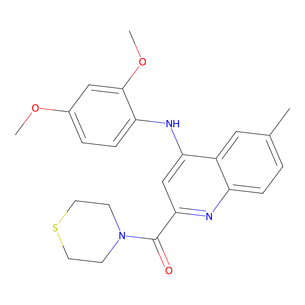 (4-((2,4-Dimethoxyphenyl)amino)-6-methylquinolin-2-yl)(thiomorpholino)methanone molecular structure, CAS 1251691-05-0