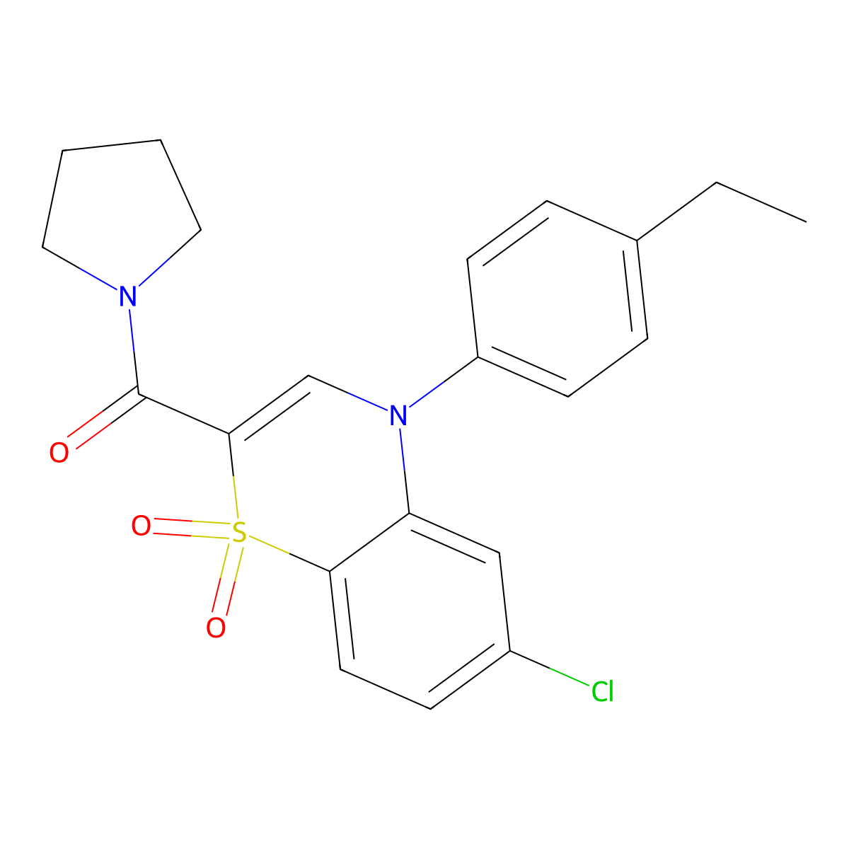 (6-chloro-4-(4-ethylphenyl)-1,1-dioxido-4H-benzo[b][1,4]thiazin-2-yl)(pyrrolidin-1-yl)methanone molecular structure, CAS 1251691-15-2
