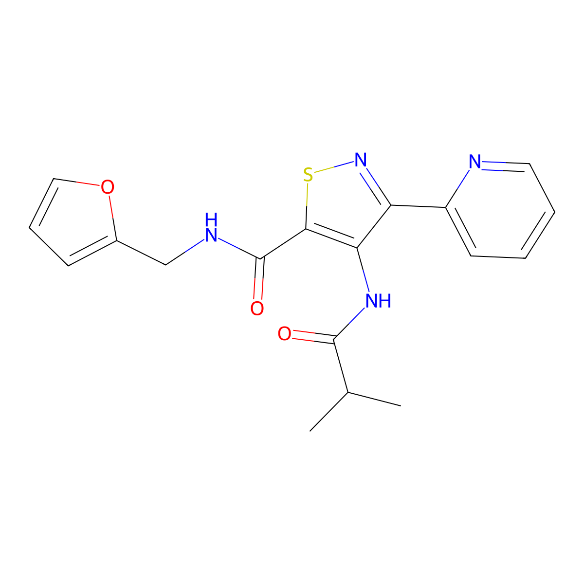 N-[(furan-2-yl)methyl]-4-(2-methylpropanamido)-3-(pyridin-2-yl)-1,2-thiazole-5-carboxamide molecular structure, CAS 1251691-17-4