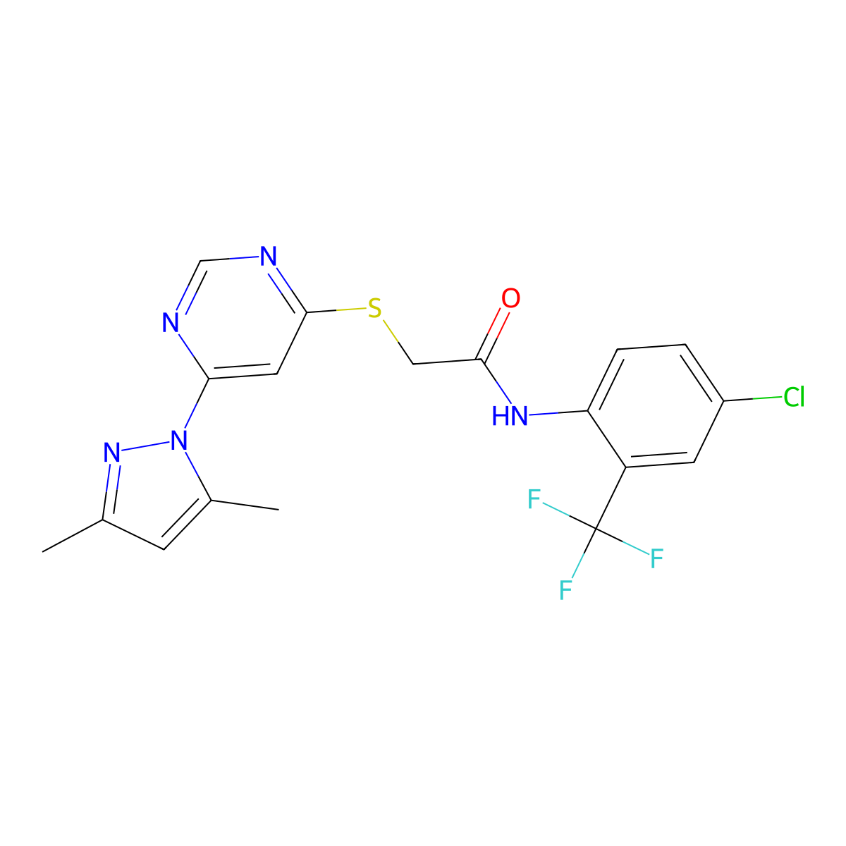N-(4-chloro-2-(trifluoromethyl)phenyl)-2-((6-(3,5-dimethyl-1H-pyrazol-1-yl)pyrimidin-4-yl)thio)acetamide molecular structure, CAS 1251691-20-9