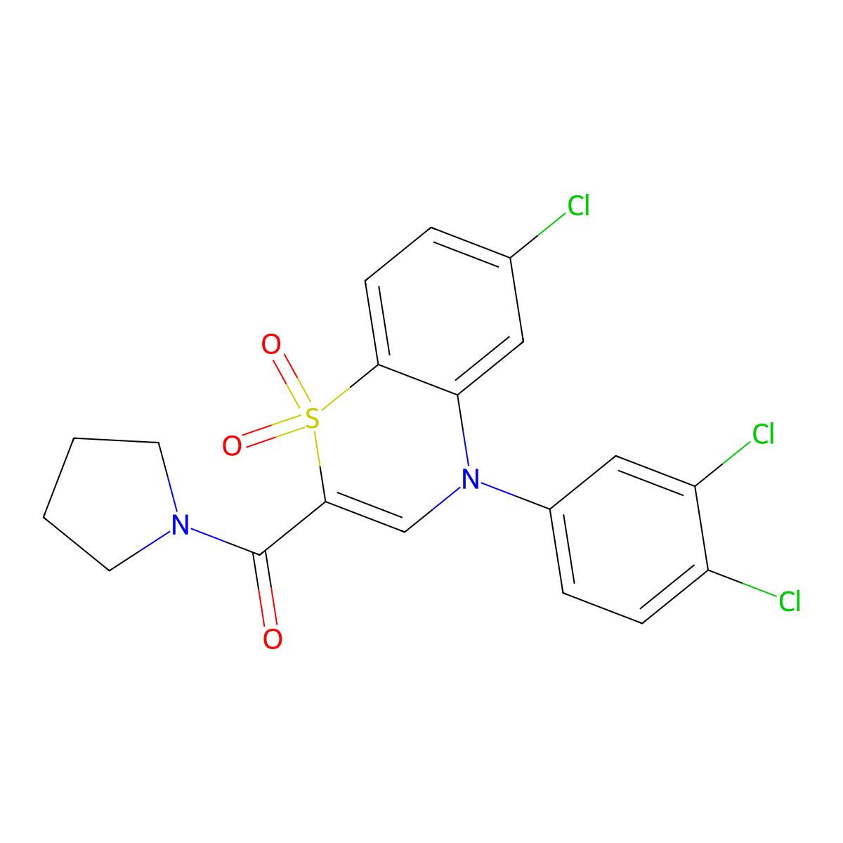 (6-chloro-4-(3,4-dichlorophenyl)-1,1-dioxido-4H-benzo[b][1,4]thiazin-2-yl)(pyrrolidin-1-yl)methanone molecular structure, CAS 1251691-26-5