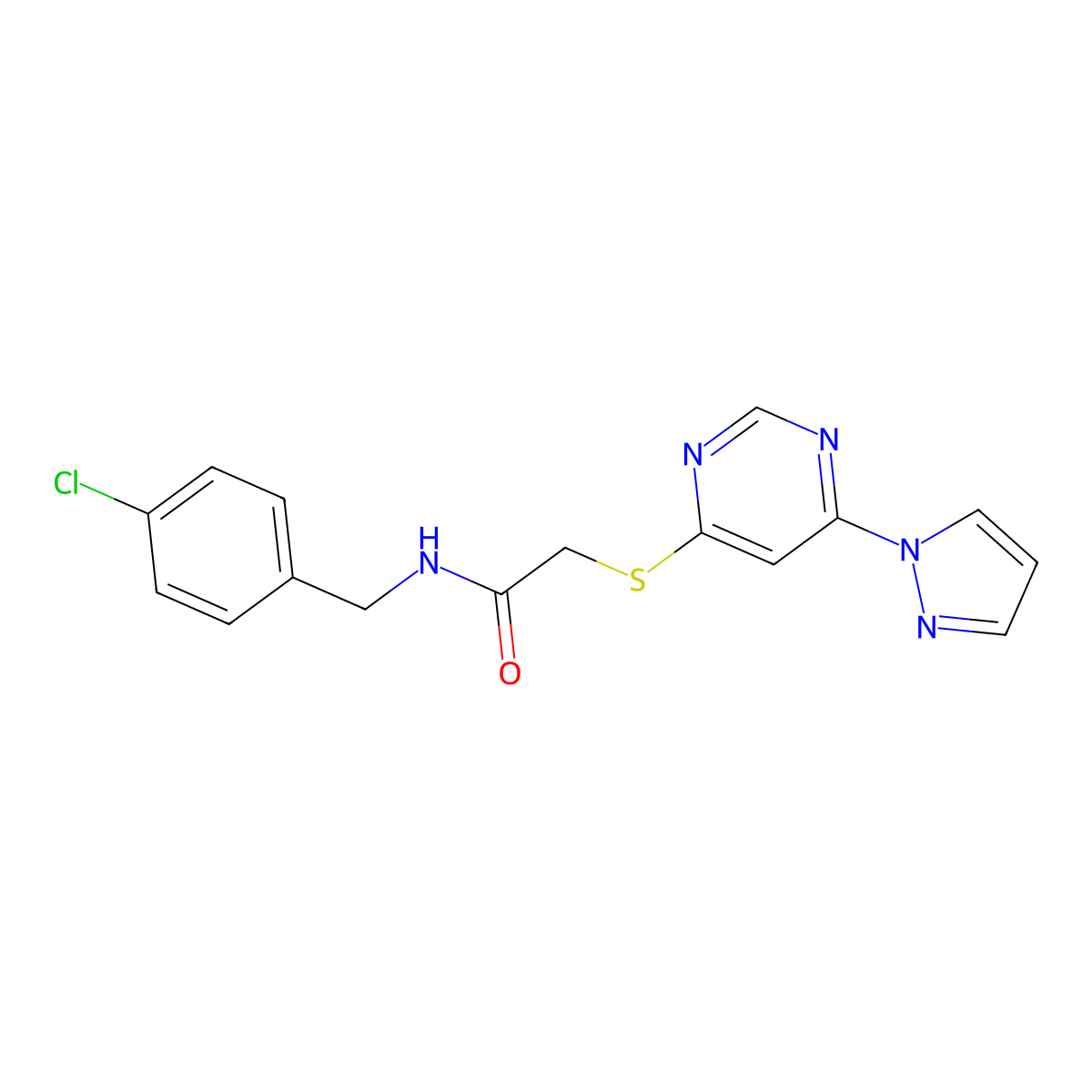 2-((6-(1H-pyrazol-1-yl)pyrimidin-4-yl)thio)-N-(4-chlorobenzyl)acetamide molecular structure, CAS 1251691-27-6