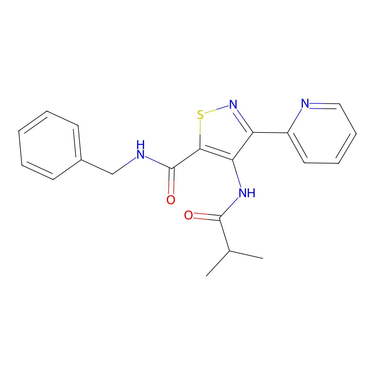 N-benzyl-4-(2-methylpropanamido)-3-(pyridin-2-yl)-1,2-thiazole-5-carboxamide molecular structure, CAS 1251691-29-8