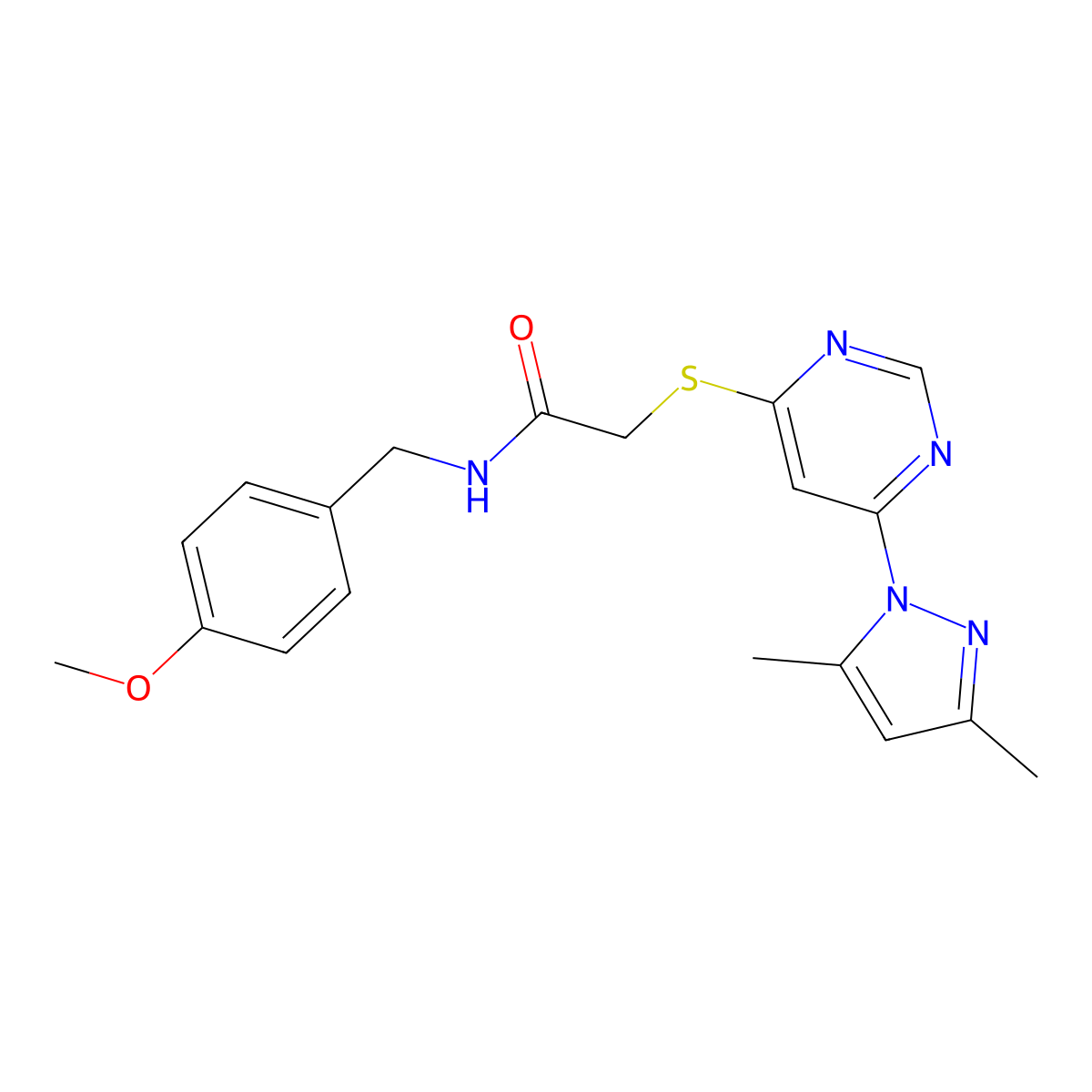 2-((6-(3,5-dimethyl-1H-pyrazol-1-yl)pyrimidin-4-yl)thio)-N-(4-methoxybenzyl)acetamide molecular structure, CAS 1251691-34-5