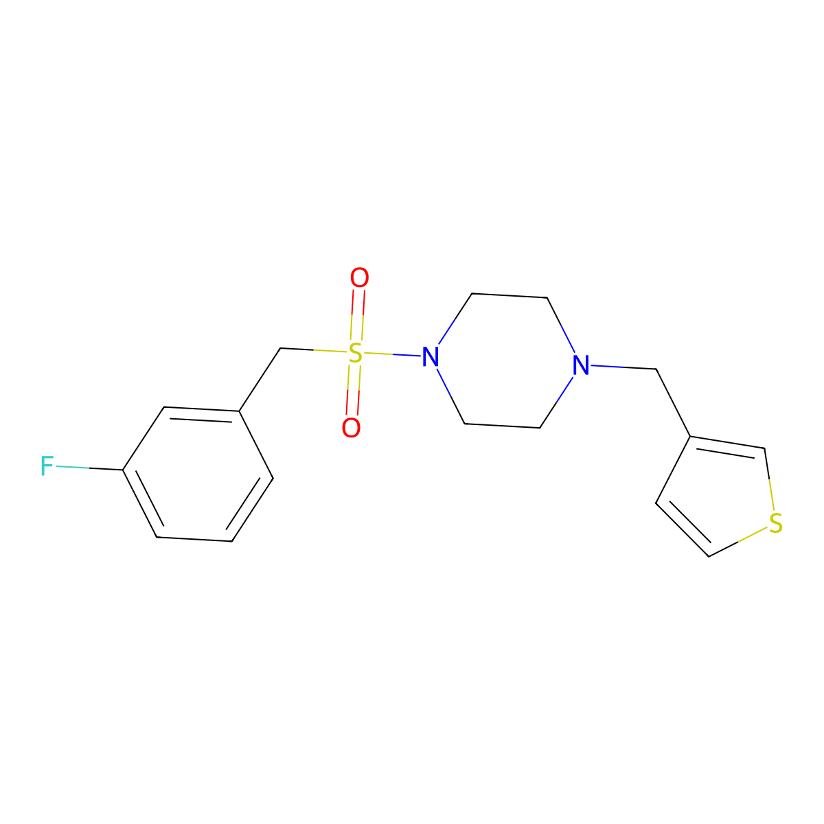 1-((3-Fluorobenzyl)sulfonyl)-4-(thiophen-3-ylmethyl)piperazine molecular structure, CAS 1251691-35-6