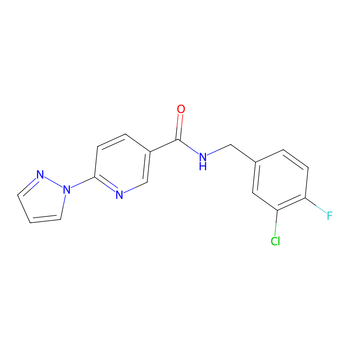 N-(3-chloro-4-fluorobenzyl)-6-(1H-pyrazol-1-yl)nicotinamide molecular structure, CAS 1251691-38-9