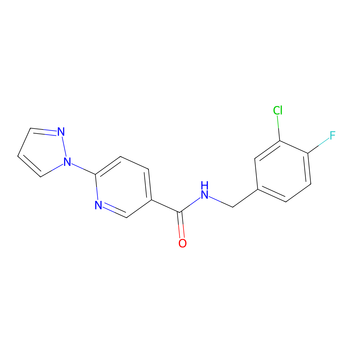 N-(3-chloro-4-fluorobenzyl)-6-(1H-pyrazol-1-yl)nicotinamide molecular structure, CAS 1251691-38-9