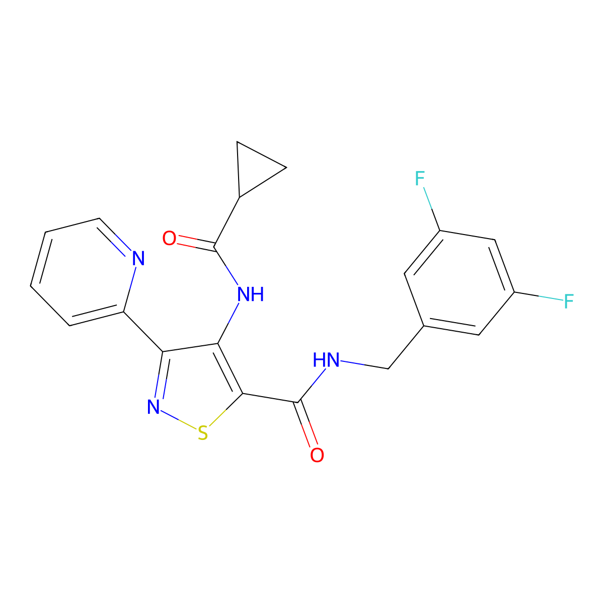 4-cyclopropaneamido-N-[(3,5-difluorophenyl)methyl]-3-(pyridin-2-yl)-1,2-thiazole-5-carboxamide molecular structure, CAS 1251691-40-3