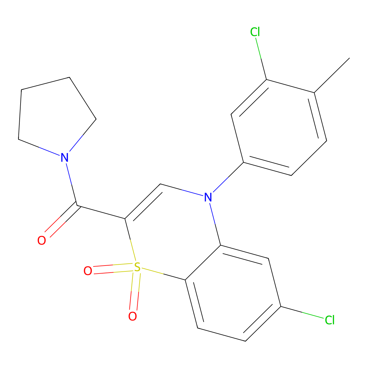 6-chloro-4-(3-chloro-4-methylphenyl)-2-(pyrrolidine-1-carbonyl)-4H-1lambda6,4-benzothiazine-1,1-dione molecular structure, CAS 1251691-48-1