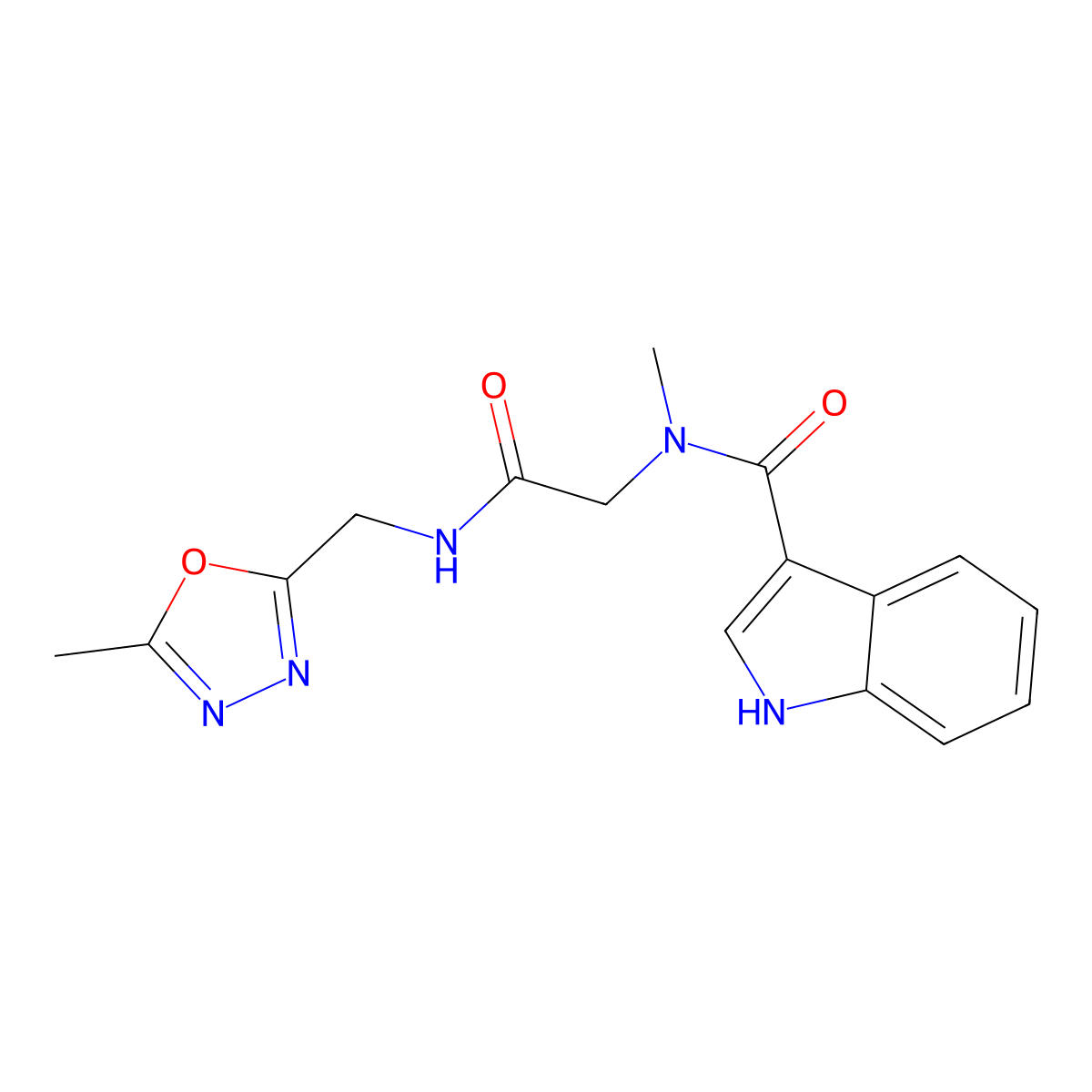 N-methyl-N-(2-(((5-methyl-1,3,4-oxadiazol-2-yl)methyl)amino)-2-oxoethyl)-1H-indole-3-carboxamide molecular structure, CAS 1251691-51-6