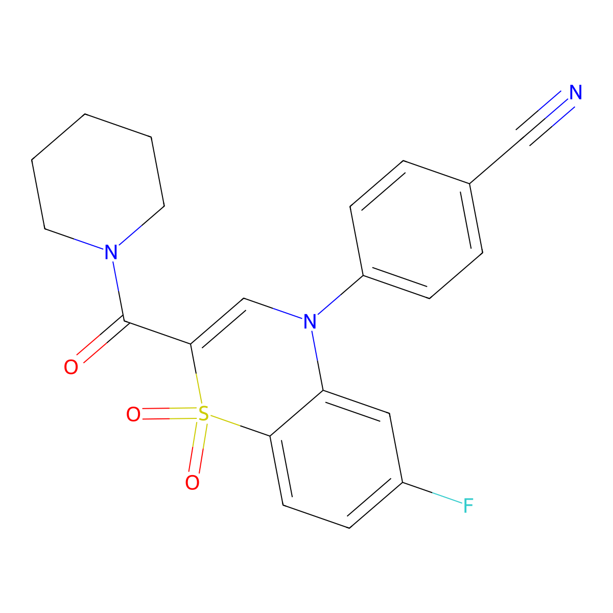 4-(6-fluoro-1,1-dioxido-2-(piperidine-1-carbonyl)-4H-benzo[b][1,4]thiazin-4-yl)benzonitrile molecular structure, CAS 1251691-57-2