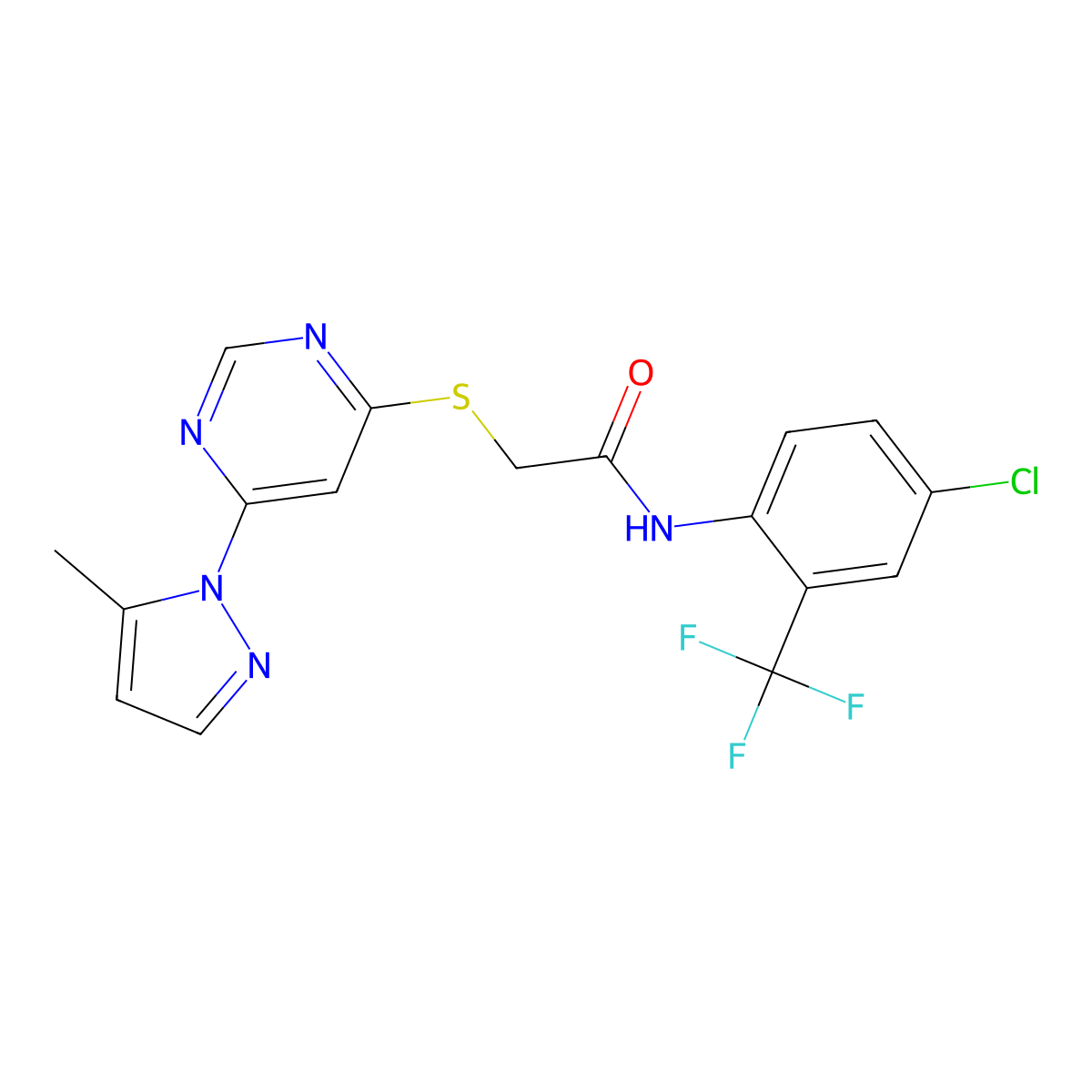 N-(4-chloro-2-(trifluoromethyl)phenyl)-2-((6-(5-methyl-1H-pyrazol-1-yl)pyrimidin-4-yl)thio)acetamide molecular structure, CAS 1251691-58-3
