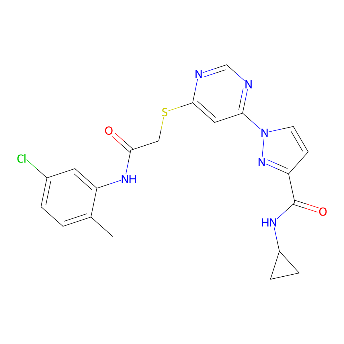 1-(6-((2-((5-chloro-2-methylphenyl)amino)-2-oxoethyl)thio)pyrimidin-4-yl)-N-cyclopropyl-1H-pyrazole-3-carboxamide molecular structure, CAS 1251691-67-4