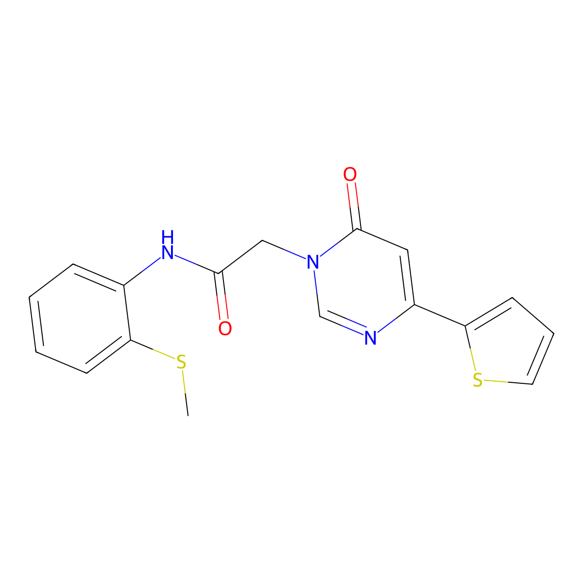 N-(2-(methylthio)phenyl)-2-(6-oxo-4-(thiophen-2-yl)pyrimidin-1(6H)-yl)acetamide molecular structure, CAS 1251691-74-3