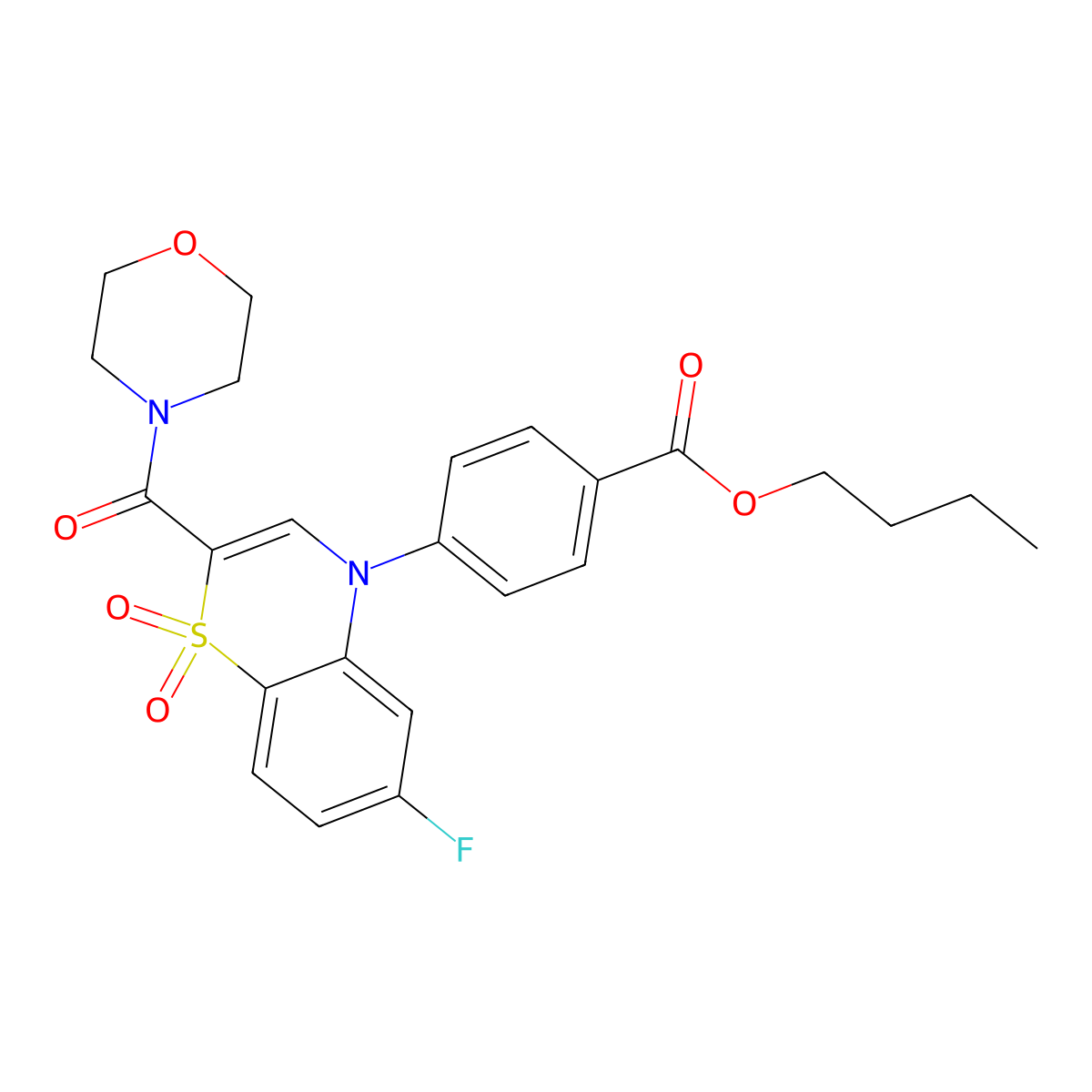 butyl 4-[6-fluoro-2-(morpholin-4-ylcarbonyl)-1,1-dioxido-4H-1,4-benzothiazin-4-yl]benzoate molecular structure, CAS 1251691-80-1
