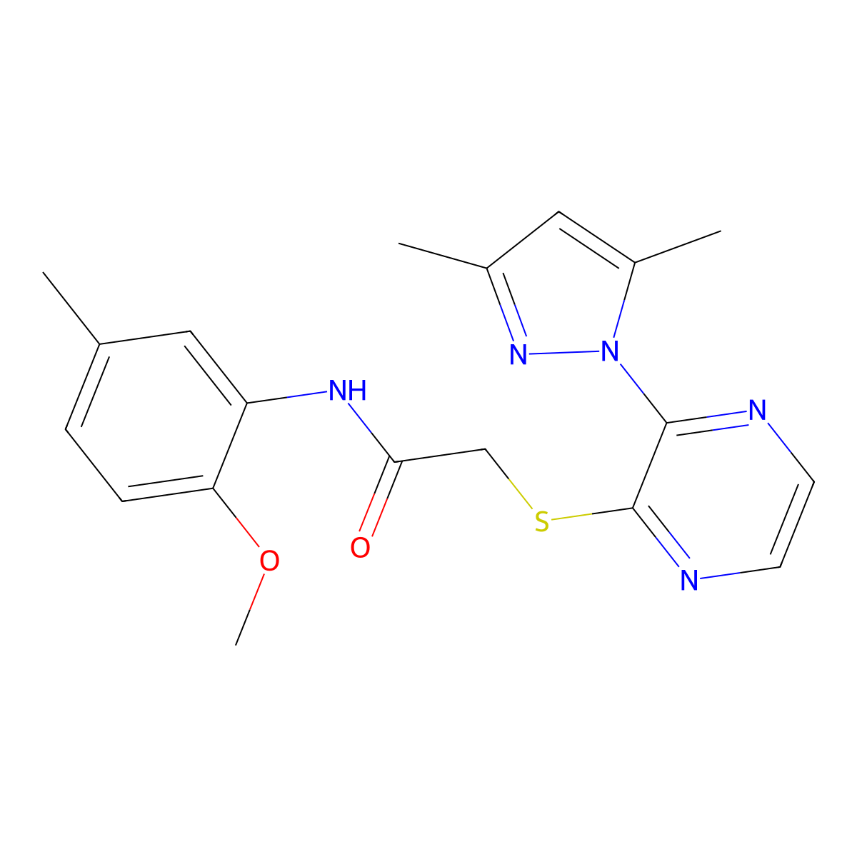 2-((3-(3,5-dimethyl-1H-pyrazol-1-yl)pyrazin-2-yl)thio)-N-(2-methoxy-5-methylphenyl)acetamide molecular structure, CAS 1251691-81-2