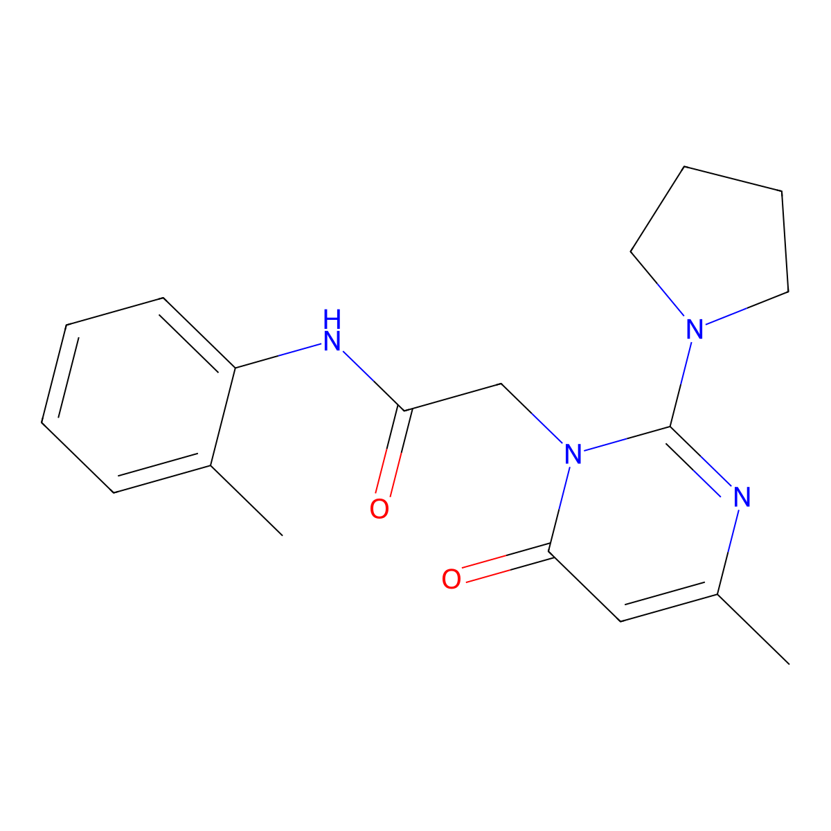 2-[4-methyl-6-oxo-2-(pyrrolidin-1-yl)-1,6-dihydropyrimidin-1-yl]-N-(2-methylphenyl)acetamide molecular structure, CAS 1251691-82-3