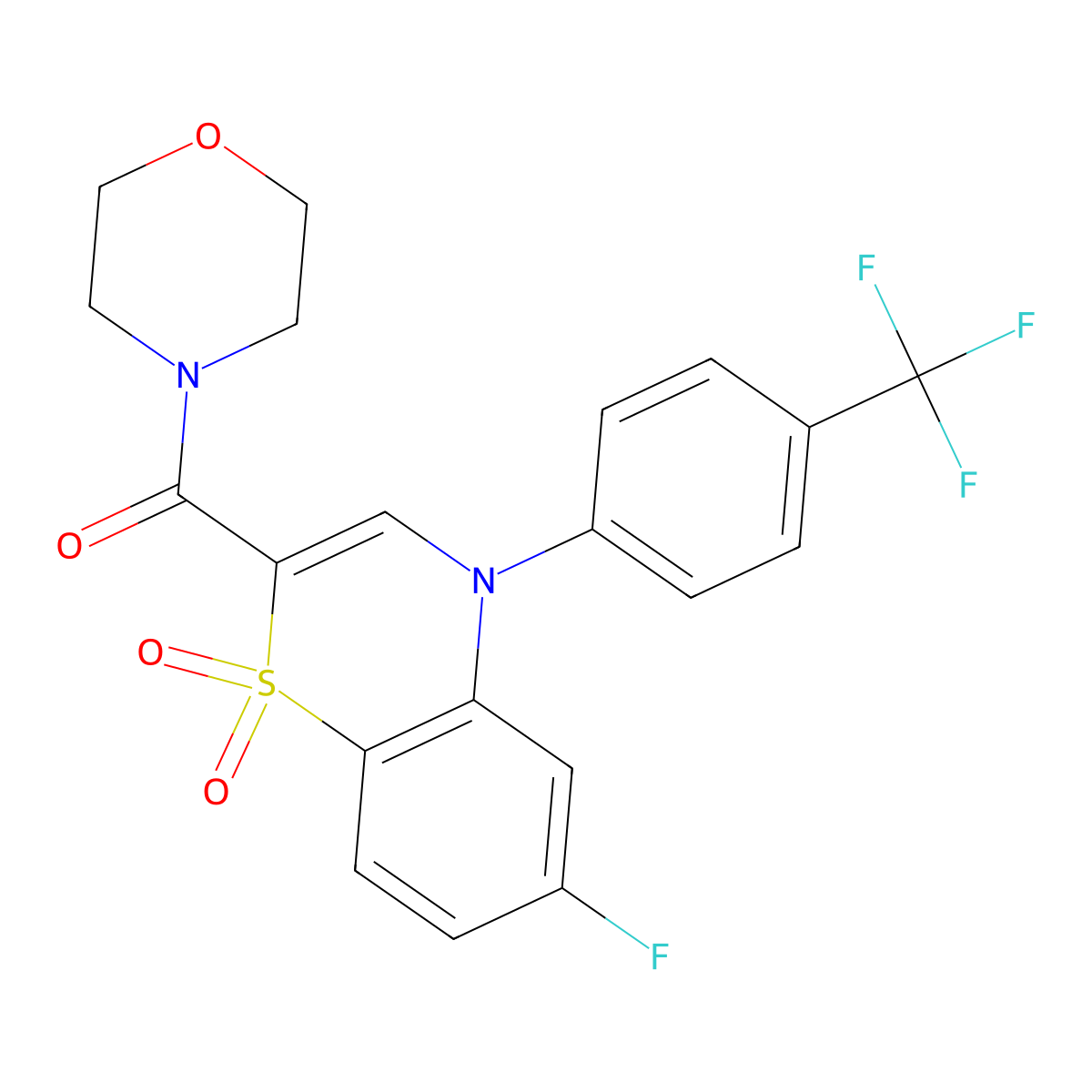 (6-fluoro-1,1-dioxido-4-(4-(trifluoromethyl)phenyl)-4H-benzo[b][1,4]thiazin-2-yl)(morpholino)methanone molecular structure, CAS 1251691-88-9