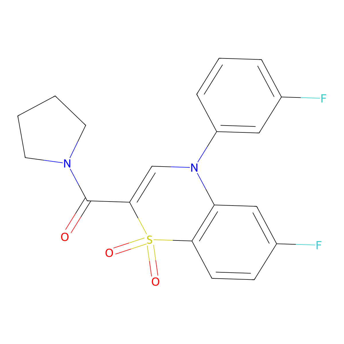6-fluoro-4-(3-fluorophenyl)-2-(pyrrolidin-1-ylcarbonyl)-4H-1,4-benzothiazine 1,1-dioxide molecular structure, CAS 1251691-97-0