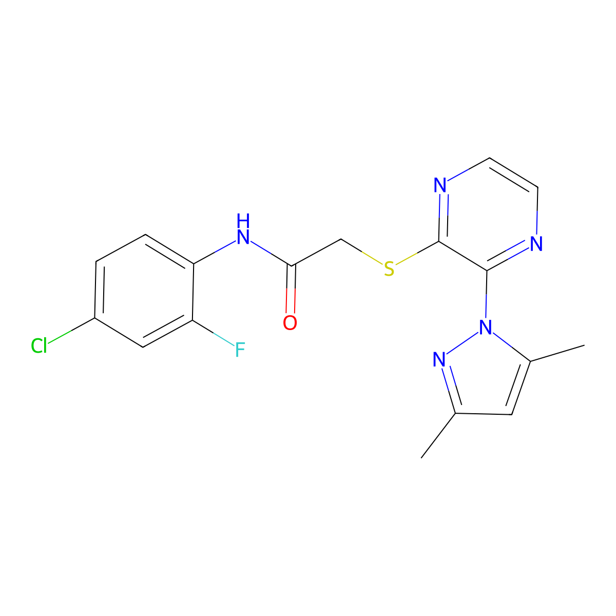 N-(4-chloro-2-fluorophenyl)-2-((3-(3,5-dimethyl-1H-pyrazol-1-yl)pyrazin-2-yl)thio)acetamide molecular structure, CAS 1251692-02-0