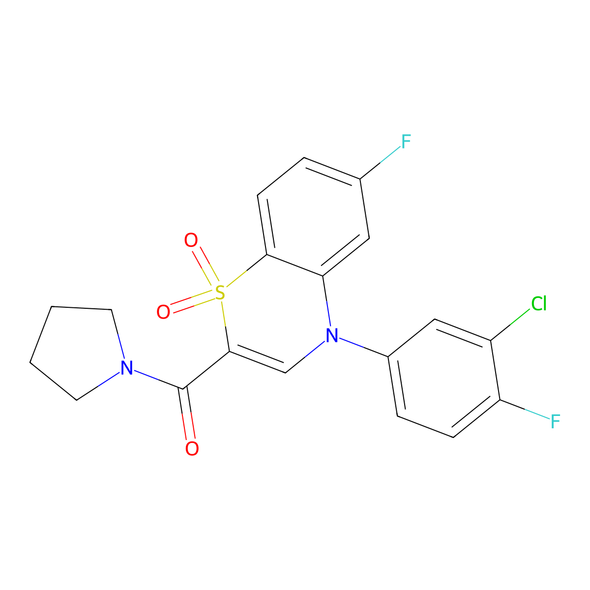 4-(3-chloro-4-fluorophenyl)-6-fluoro-2-(pyrrolidine-1-carbonyl)-4H-1lambda6,4-benzothiazine-1,1-dione molecular structure, CAS 1251692-07-5