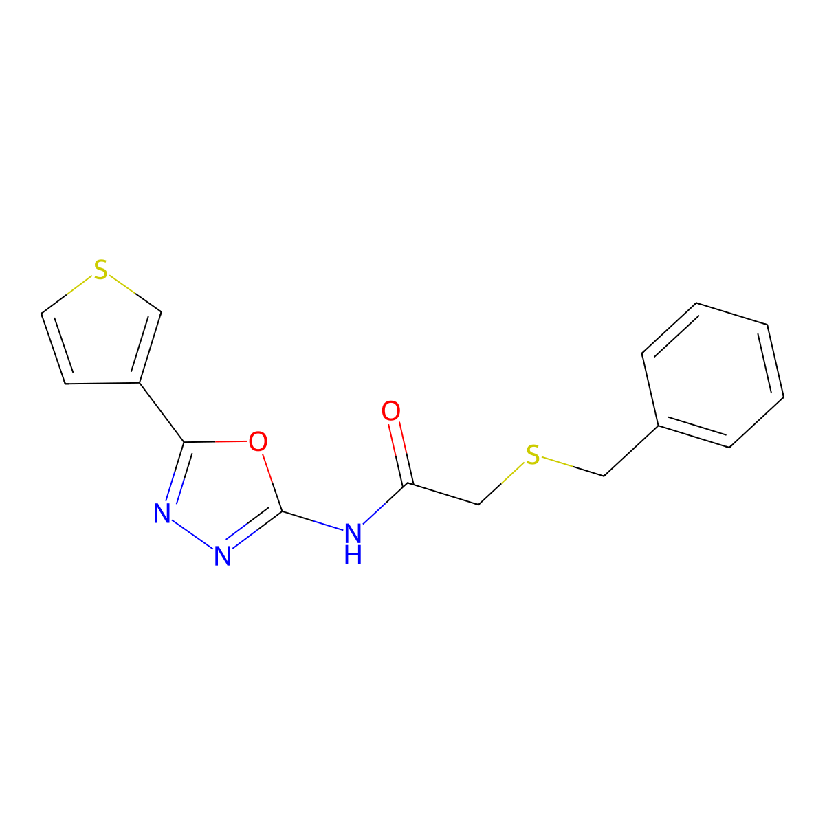 2-(benzylthio)-N-(5-(thiophen-3-yl)-1,3,4-oxadiazol-2-yl)acetamide molecular structure, CAS 1251692-29-1