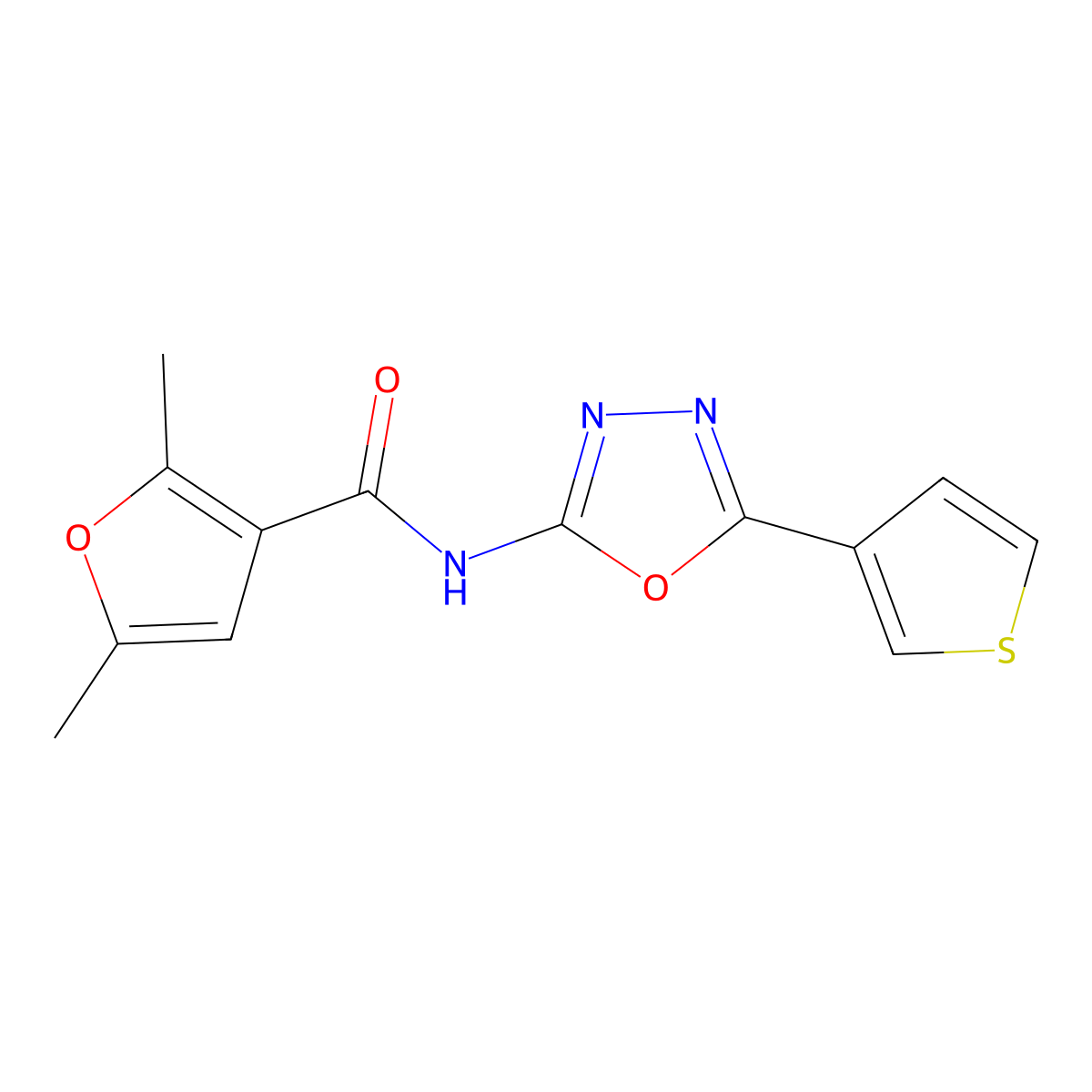 2,5-dimethyl-N-[5-(thiophen-3-yl)-1,3,4-oxadiazol-2-yl]furan-3-carboxamide molecular structure, CAS 1251692-36-0