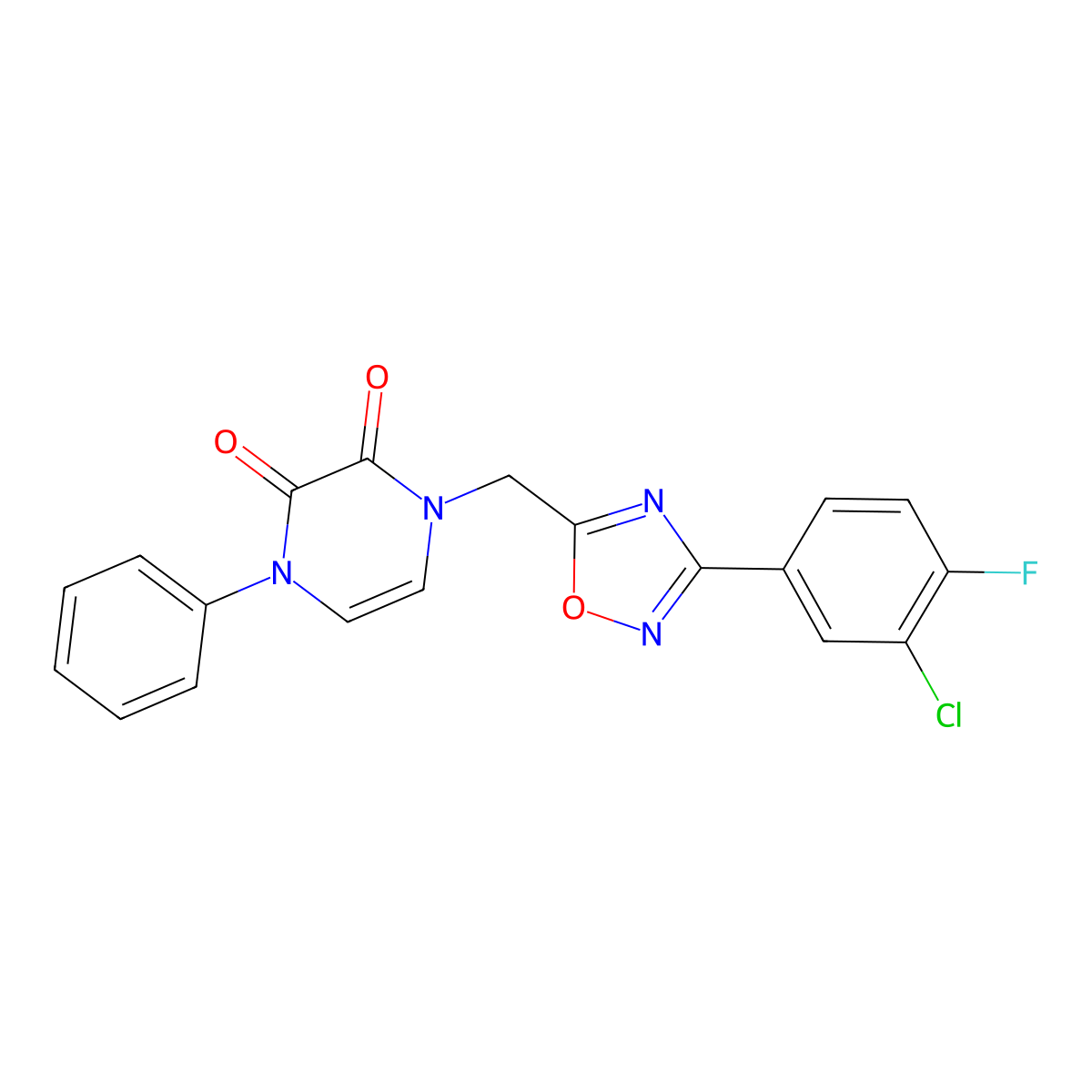 1-((3-(3-Chloro-4-fluorophenyl)-1,2,4-oxadiazol-5-yl)methyl)-4-phenyl-1,4-dihydropyrazine-2,3-dione molecular structure, CAS 1251692-41-7