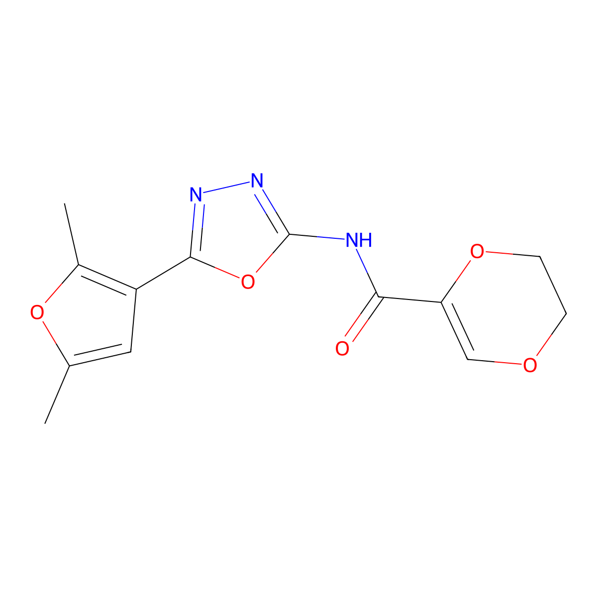 N-[5-(2,5-dimethylfuran-3-yl)-1,3,4-oxadiazol-2-yl]-5,6-dihydro-1,4-dioxine-2-carboxamide molecular structure, CAS 1251692-63-3
