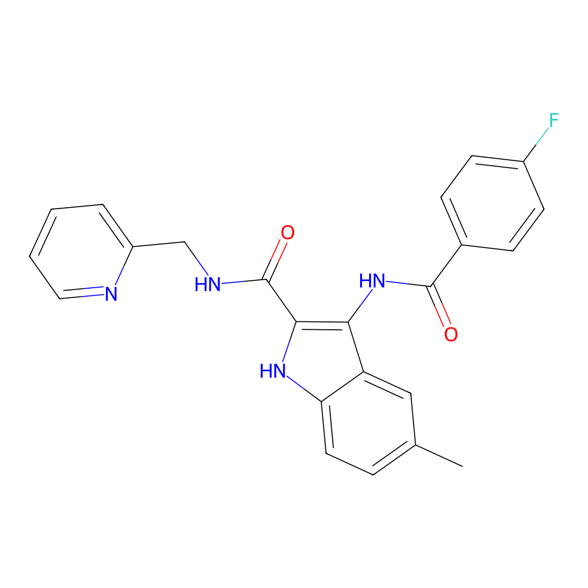 3-(4-fluorobenzamido)-5-methyl-N-(pyridin-2-ylmethyl)-1H-indole-2-carboxamide molecular structure, CAS 1251692-80-4