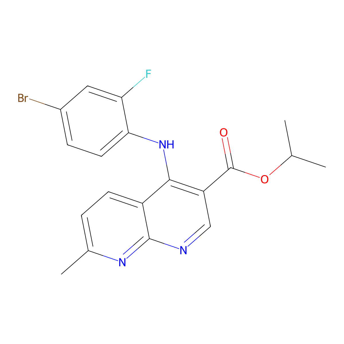 Isopropyl 4-((4-bromo-2-fluorophenyl)amino)-7-methyl-1,8-naphthyridine-3-carboxylate molecular structure, CAS 1251693-03-4