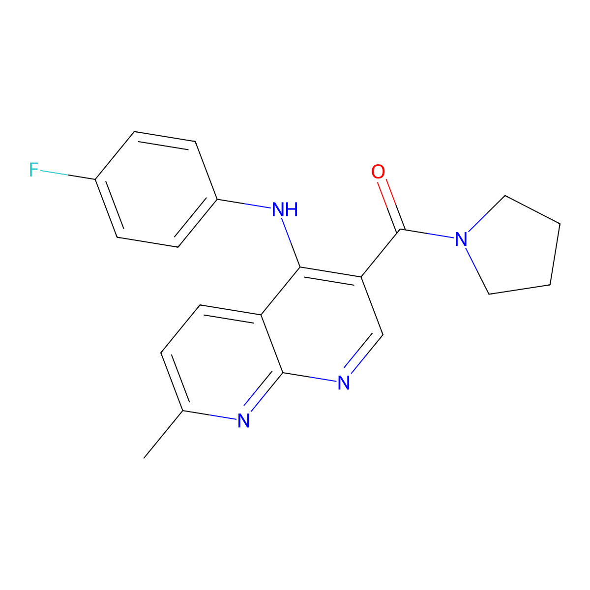 N-(4-fluorophenyl)-7-methyl-3-(pyrrolidine-1-carbonyl)-1,8-naphthyridin-4-amine molecular structure, CAS 1251693-11-4