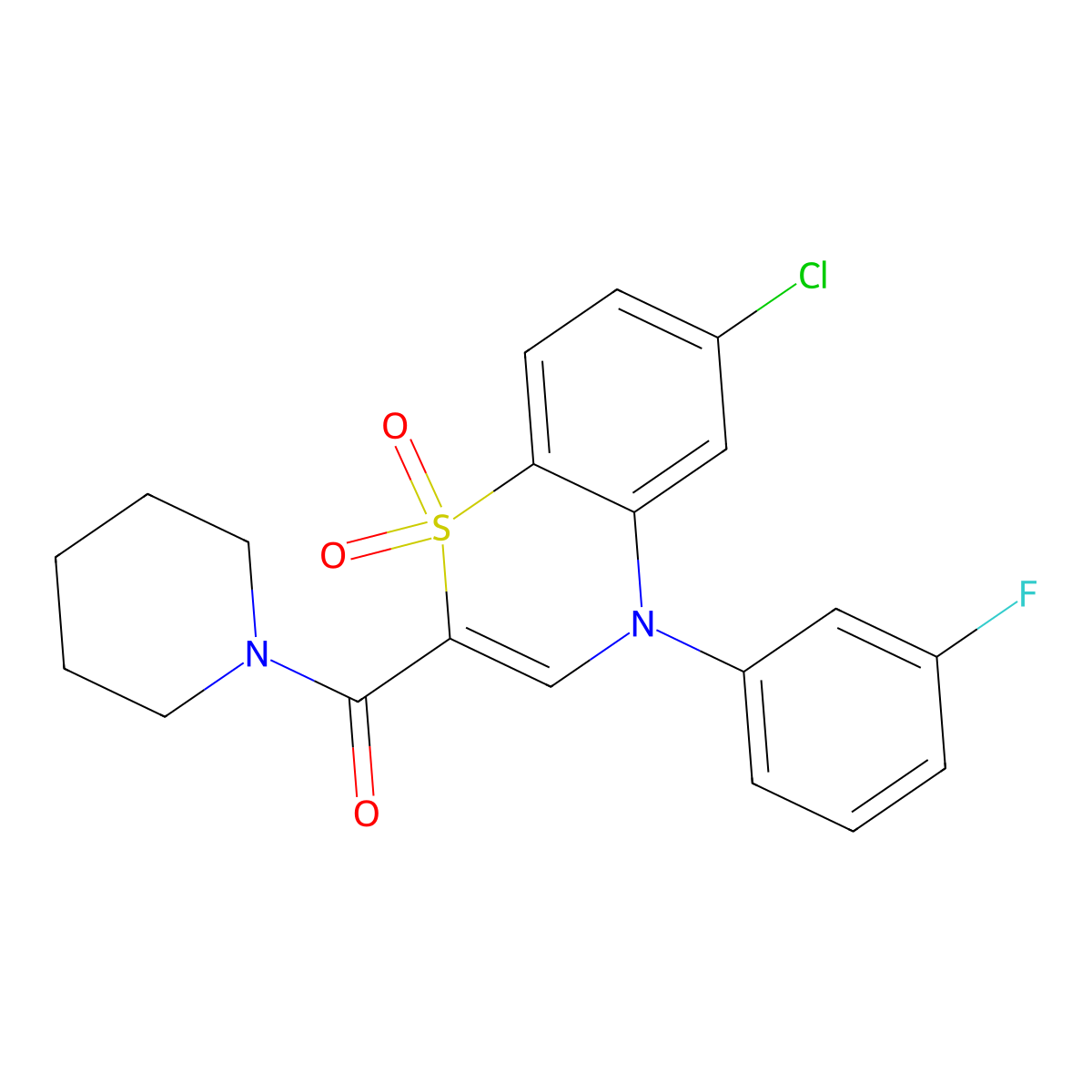 [6-chloro-4-(3-fluorophenyl)-1,1-dioxido-4H-1,4-benzothiazin-2-yl](piperidin-1-yl)methanone molecular structure, CAS 1251693-25-0