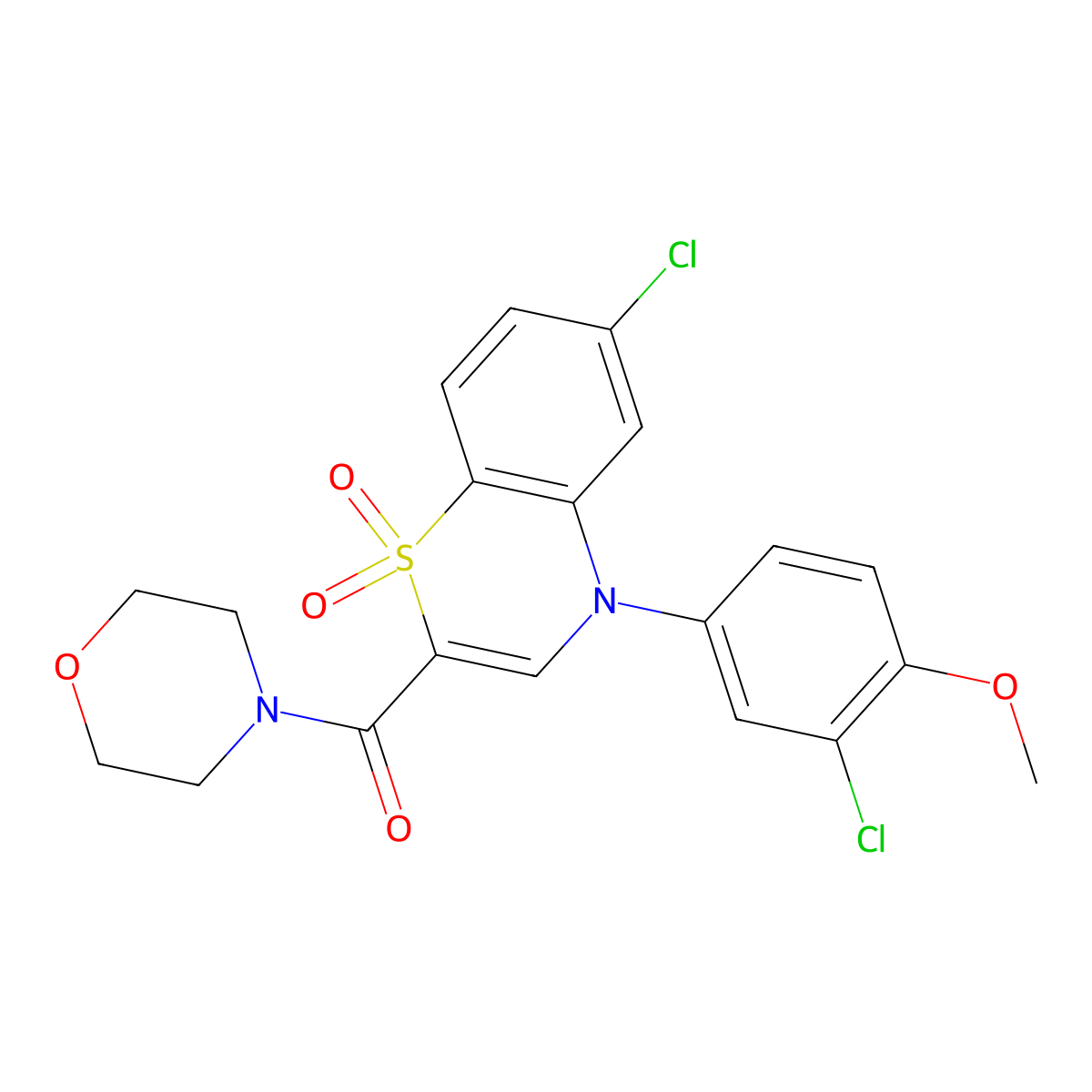 (6-chloro-4-(3-chloro-4-methoxyphenyl)-1,1-dioxido-4H-benzo[b][1,4]thiazin-2-yl)(morpholino)methanone molecular structure, CAS 1251693-33-0